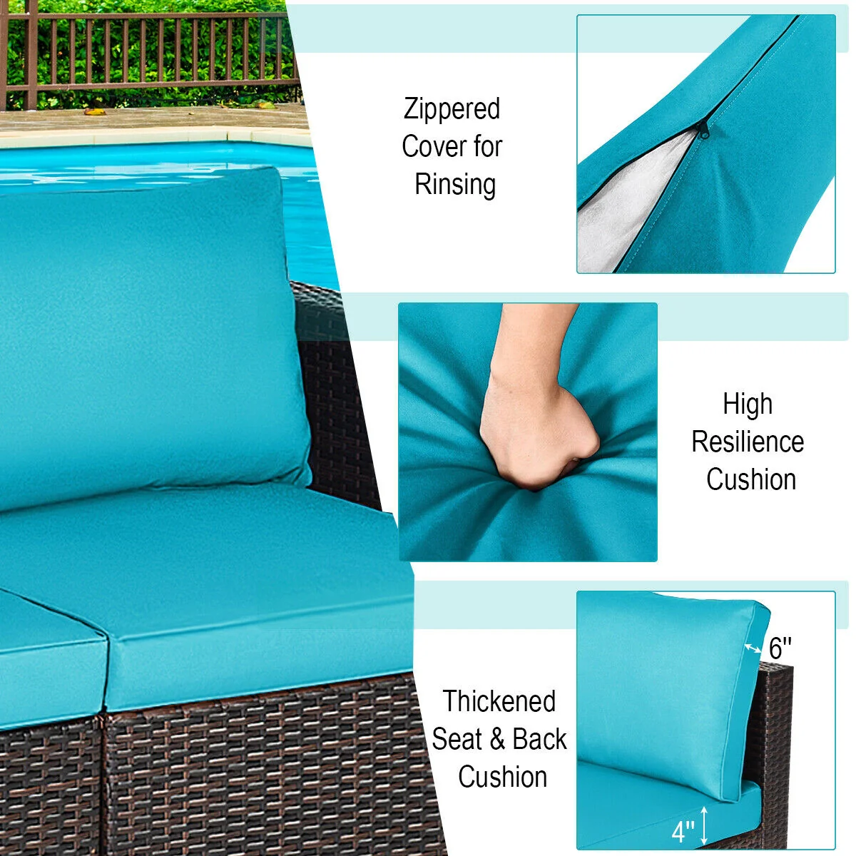 Patio Rattan Sectional Conversation Sofa Set, Blue - Image 6