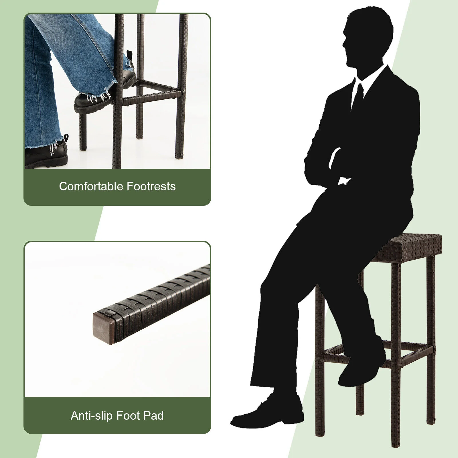 Patio Rattan Wicker Bar Stool Chairs, 2 Pieces, Brown - Image 6