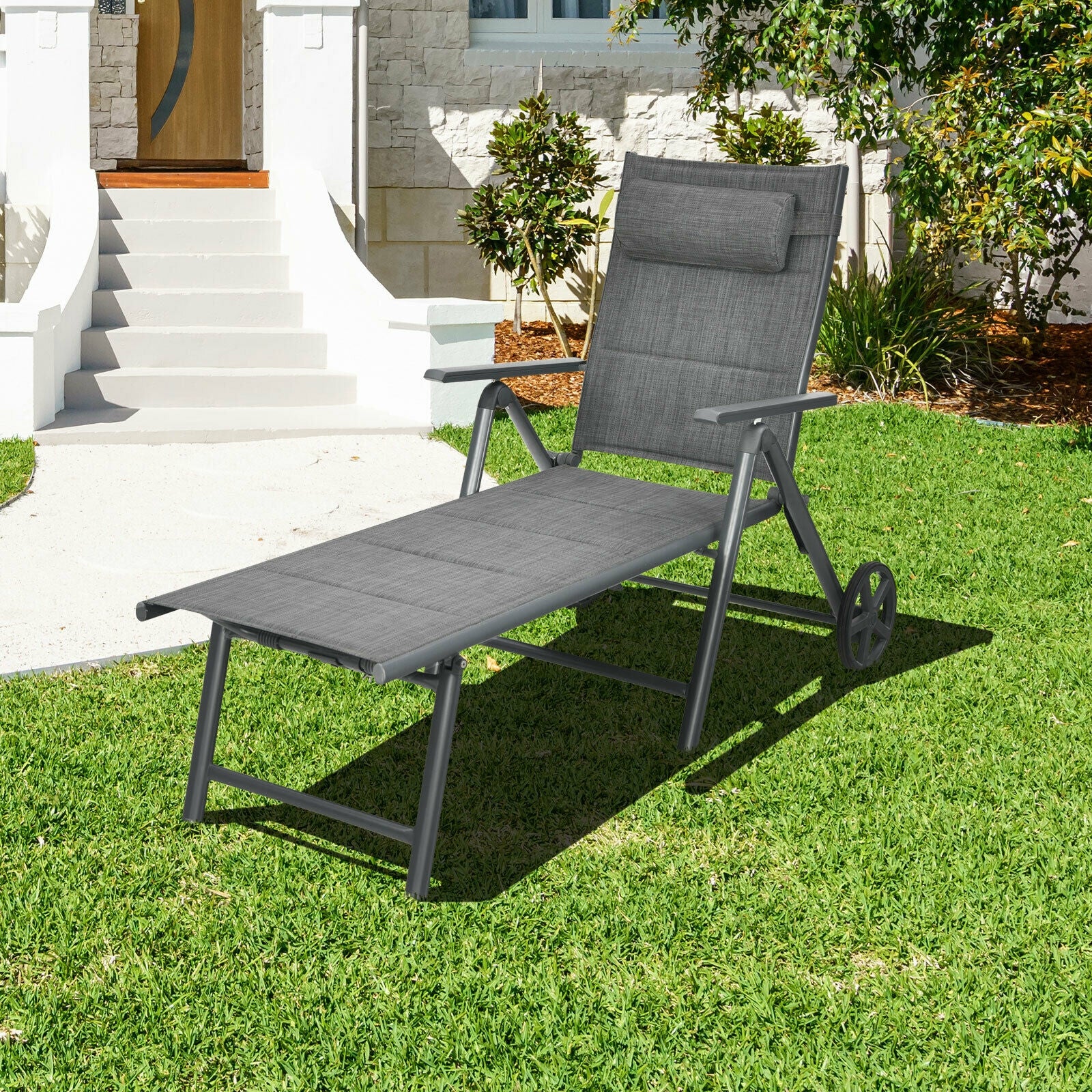 Patio Reclining Chaise Lounge, Adjustable Neck Pillow, Gray - Image 2