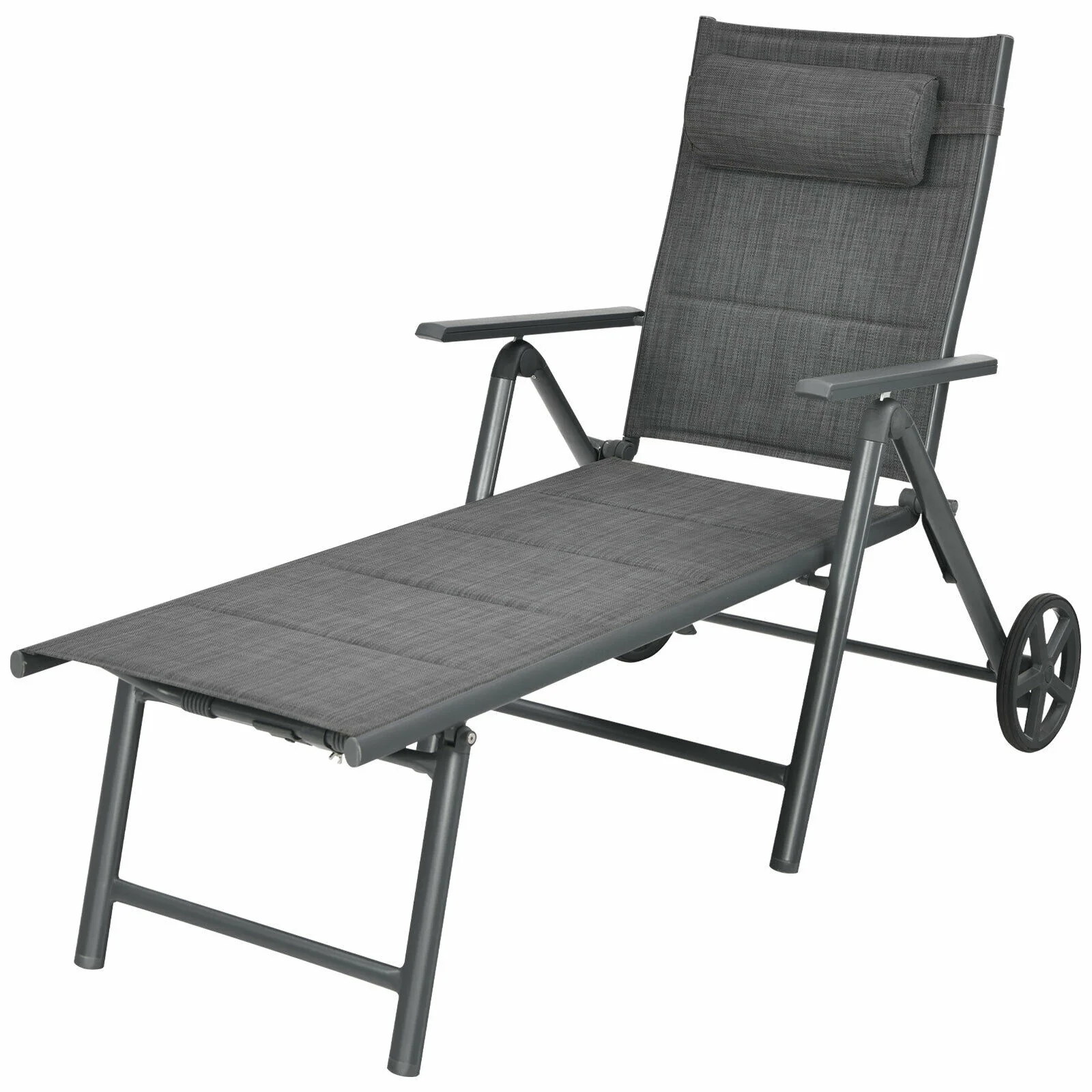 Patio Reclining Chaise Lounge, Adjustable Neck Pillow, Gray - Image 4