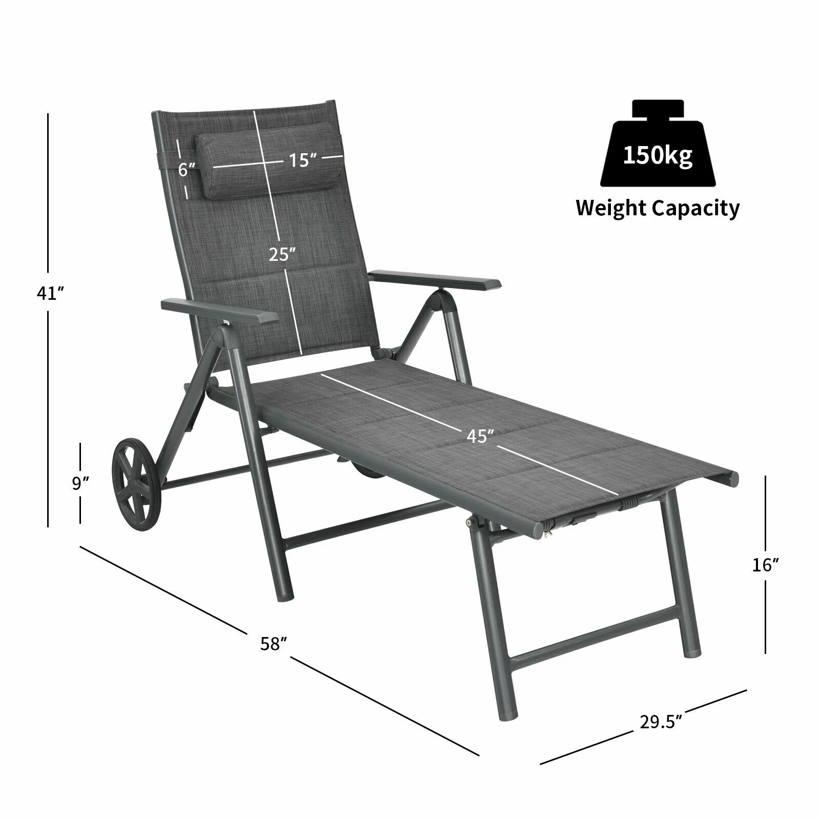 Patio Reclining Chaise Lounge, Adjustable Neck Pillow, Gray - Image 5