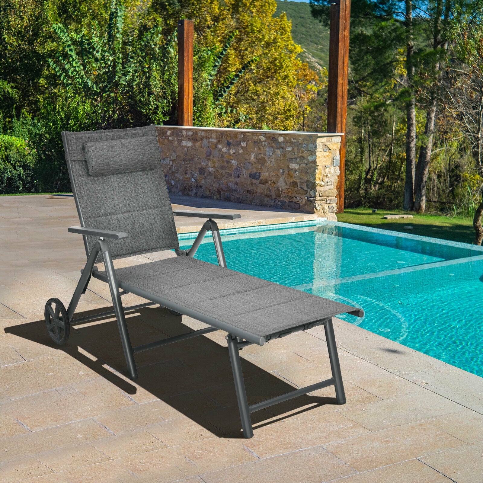 Patio Reclining Chaise Lounge, Adjustable Neck Pillow, Gray - Image 7