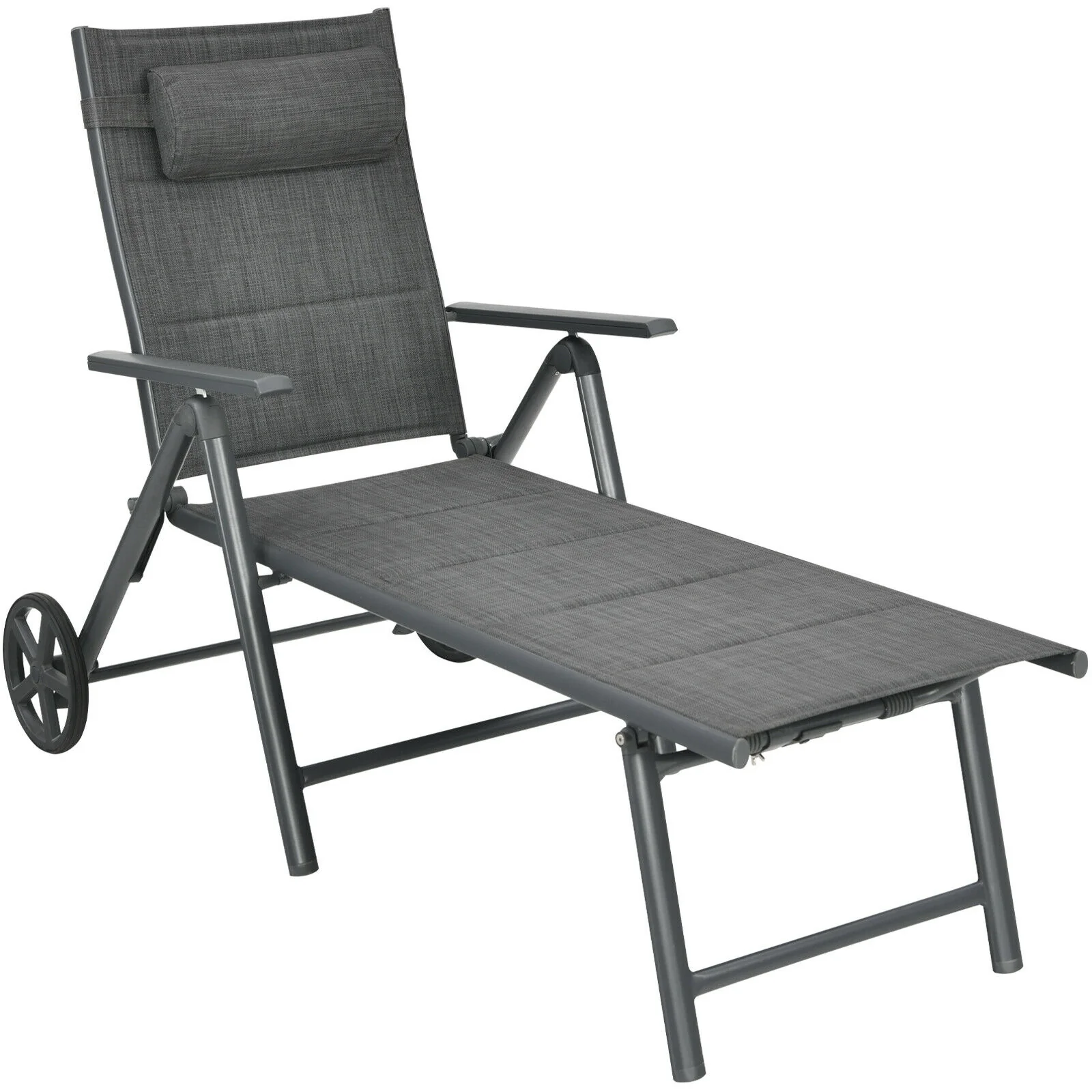 Patio Reclining Chaise Lounge, Adjustable Neck Pillow, Gray - Image 8