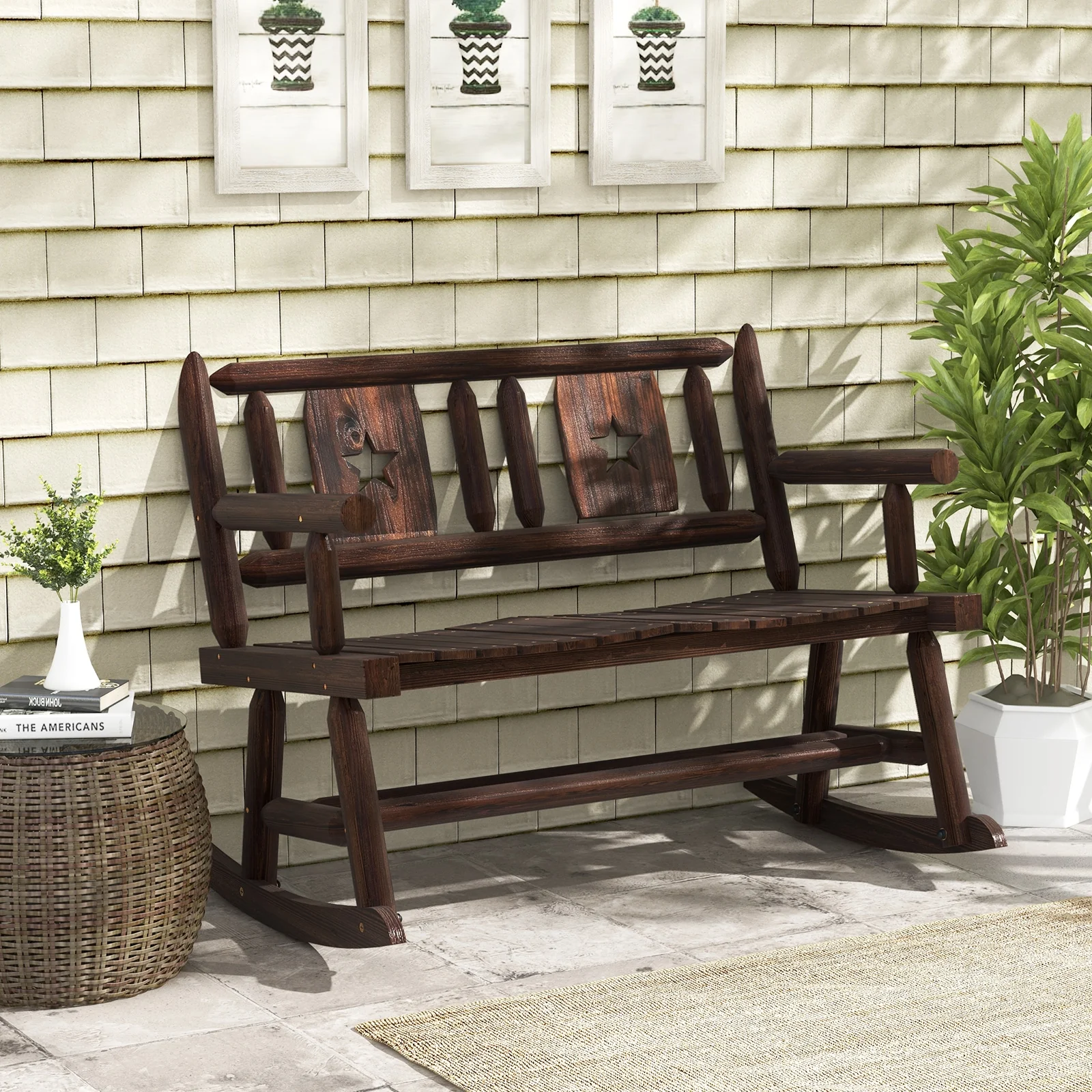 Patio Rocking Bench, 2-Person Loveseat, Rustic Brown - Image 2