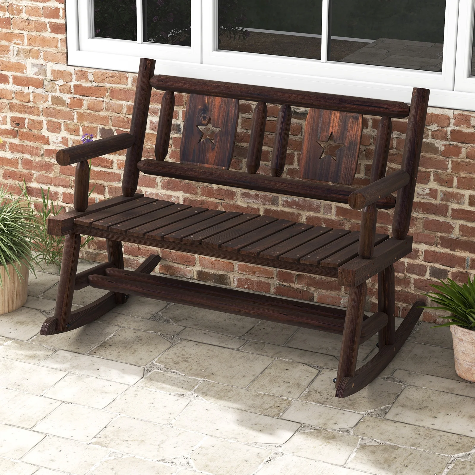 Patio Rocking Bench, 2-Person Loveseat, Rustic Brown - Image 3