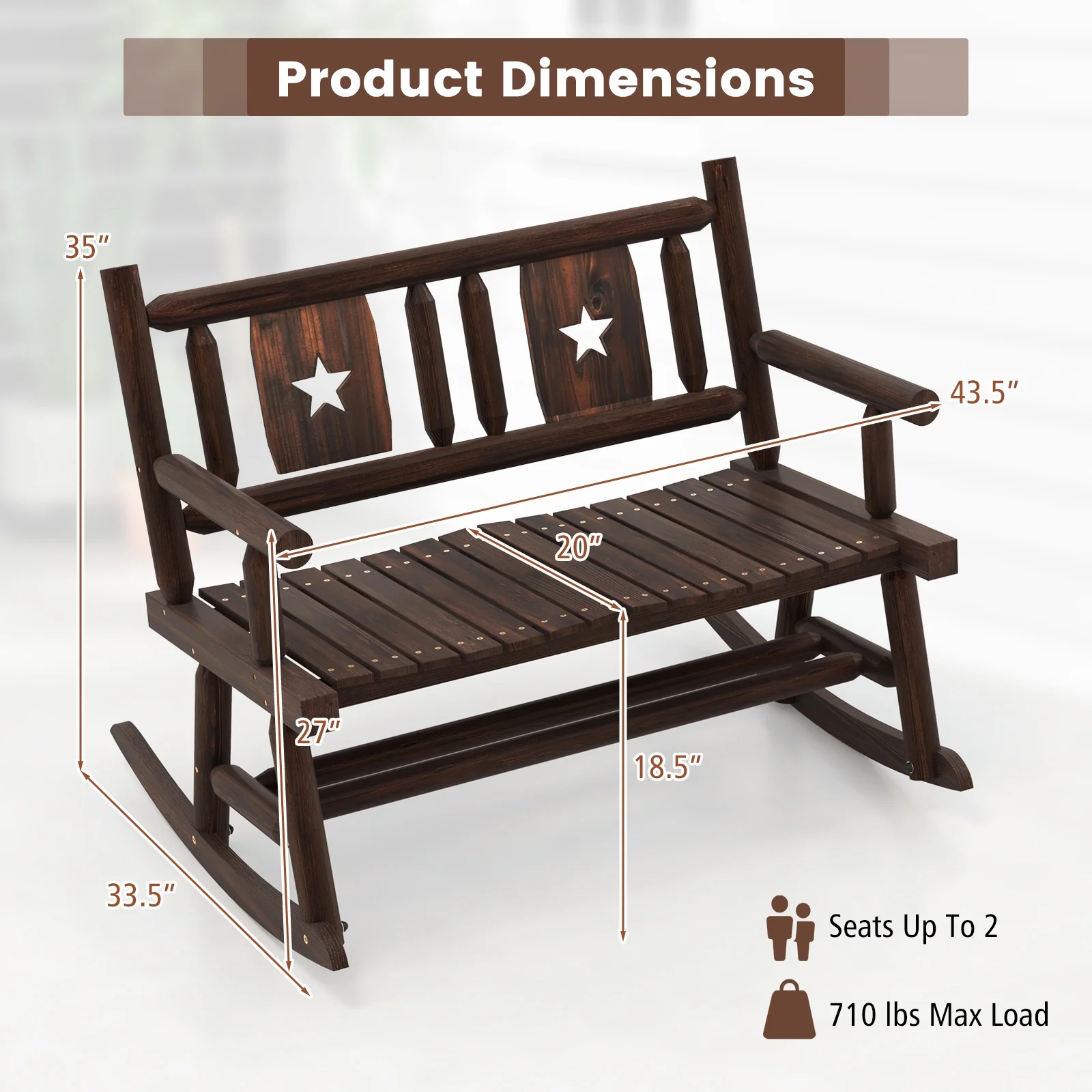 Patio Rocking Bench, 2-Person Loveseat, Rustic Brown - Image 5