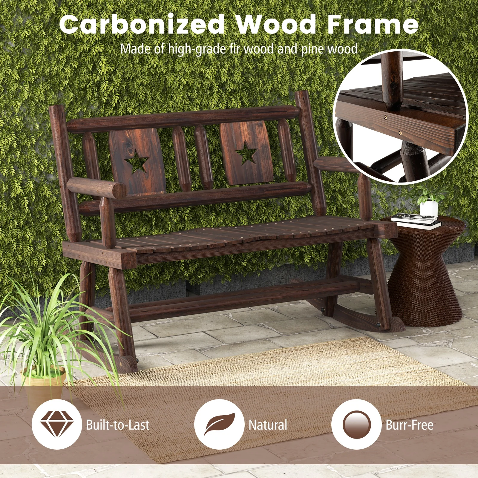 Patio Rocking Bench, 2-Person Loveseat, Rustic Brown - Image 7