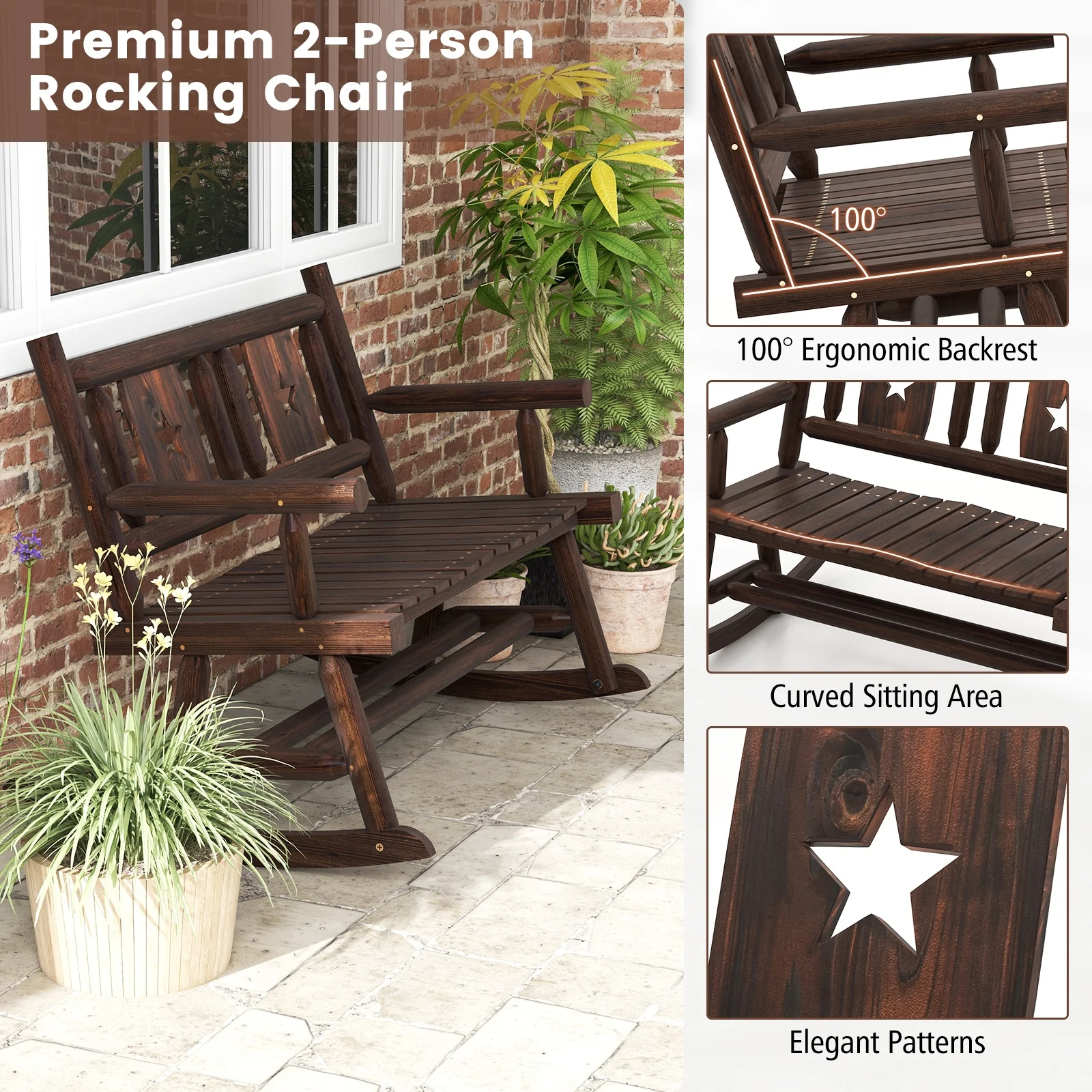 Patio Rocking Bench, 2-Person Loveseat, Rustic Brown - Image 9