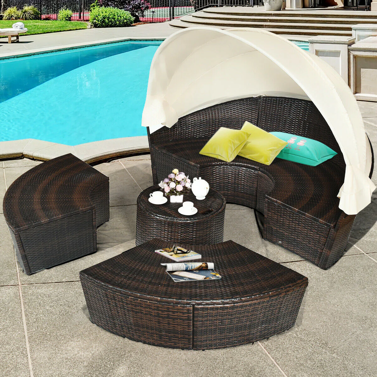 Patio Round Daybed Rattan Furniture Set With Canopy, White - Image 2