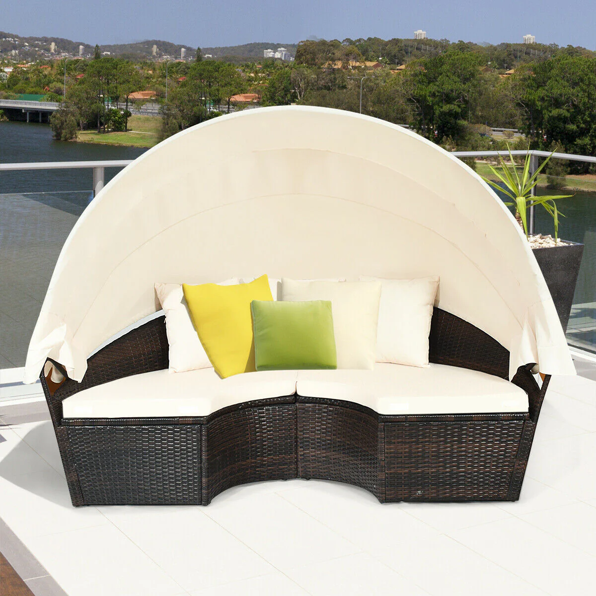Patio Round Daybed Rattan Furniture Set With Canopy, White - Image 3