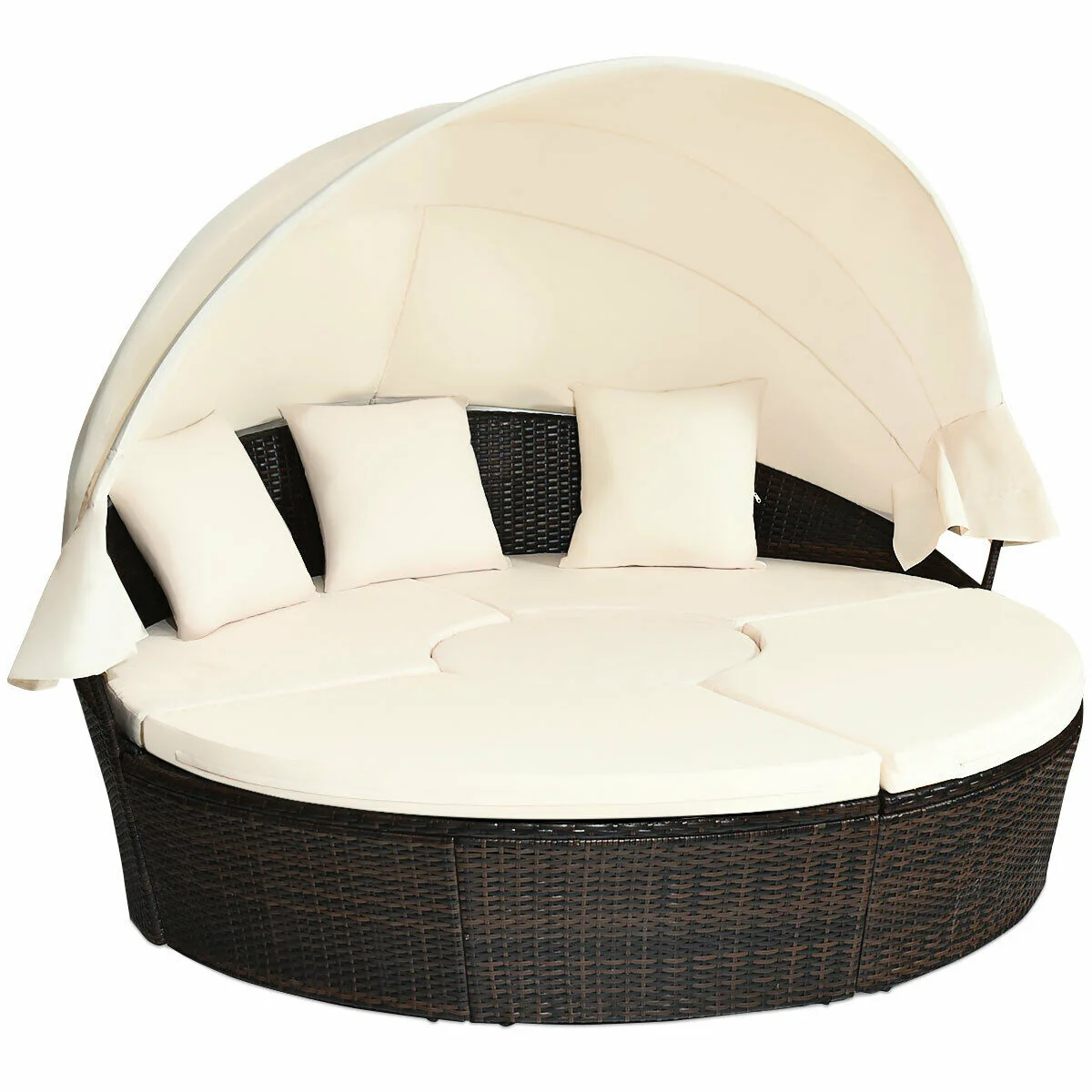Patio Round Daybed Rattan Furniture Set With Canopy, White - Image 4