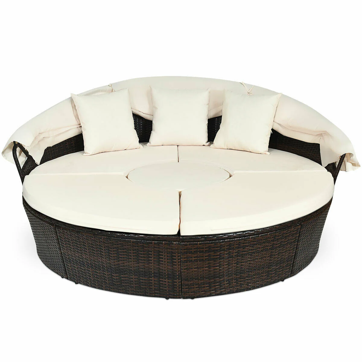 Patio Round Daybed Rattan Furniture Set With Canopy, White - Image 5
