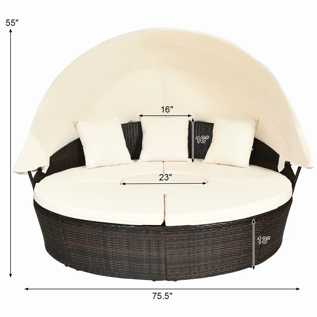 Patio Round Daybed Rattan Furniture Set With Canopy, White - Image 6