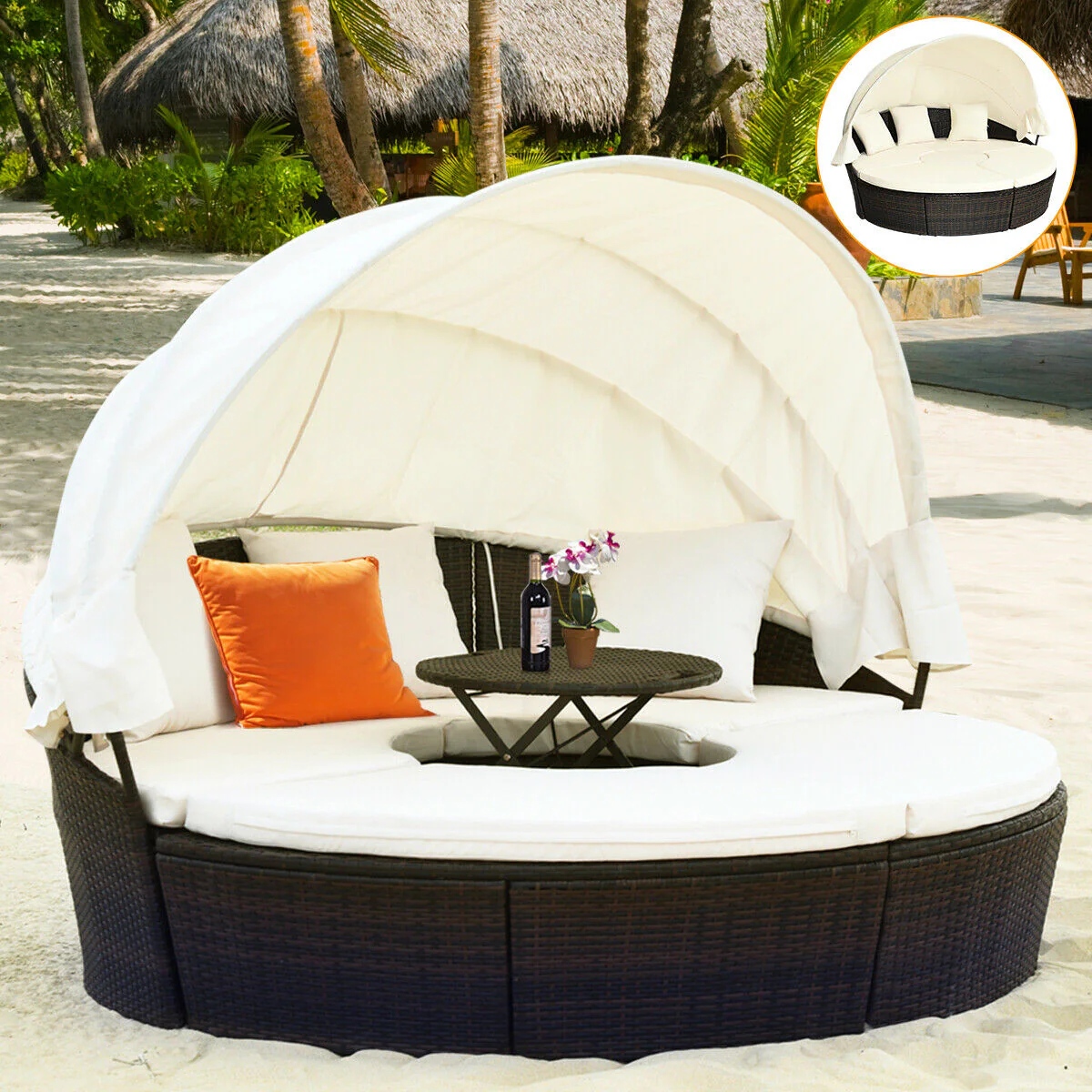 Patio Round Daybed Rattan Furniture Set With Canopy, White - Image 7