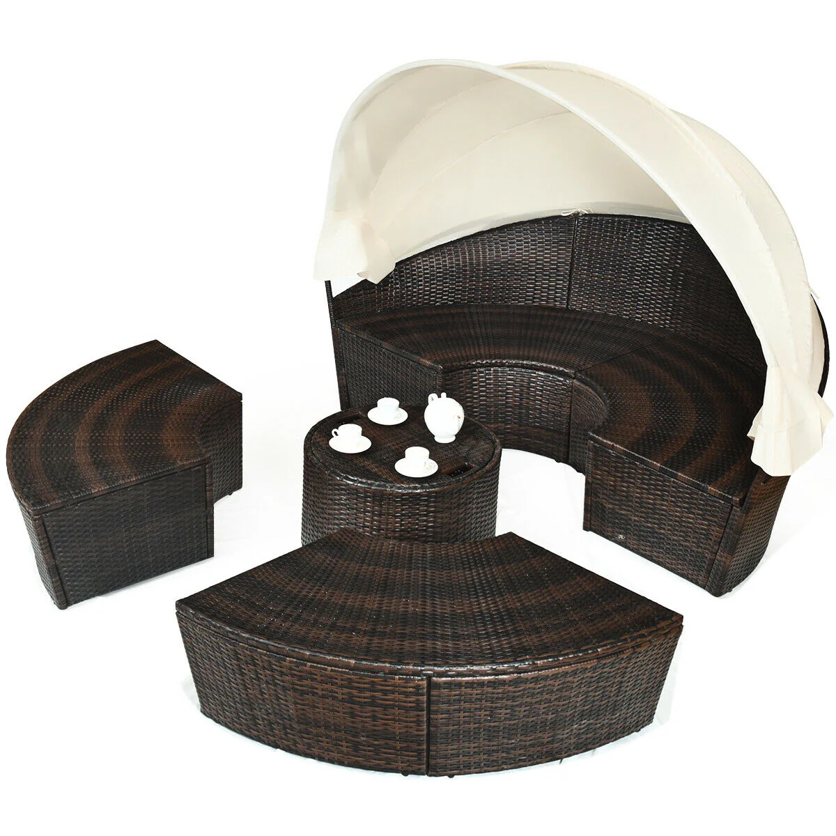 Patio Round Daybed Rattan Furniture Set With Canopy, White - Image 8