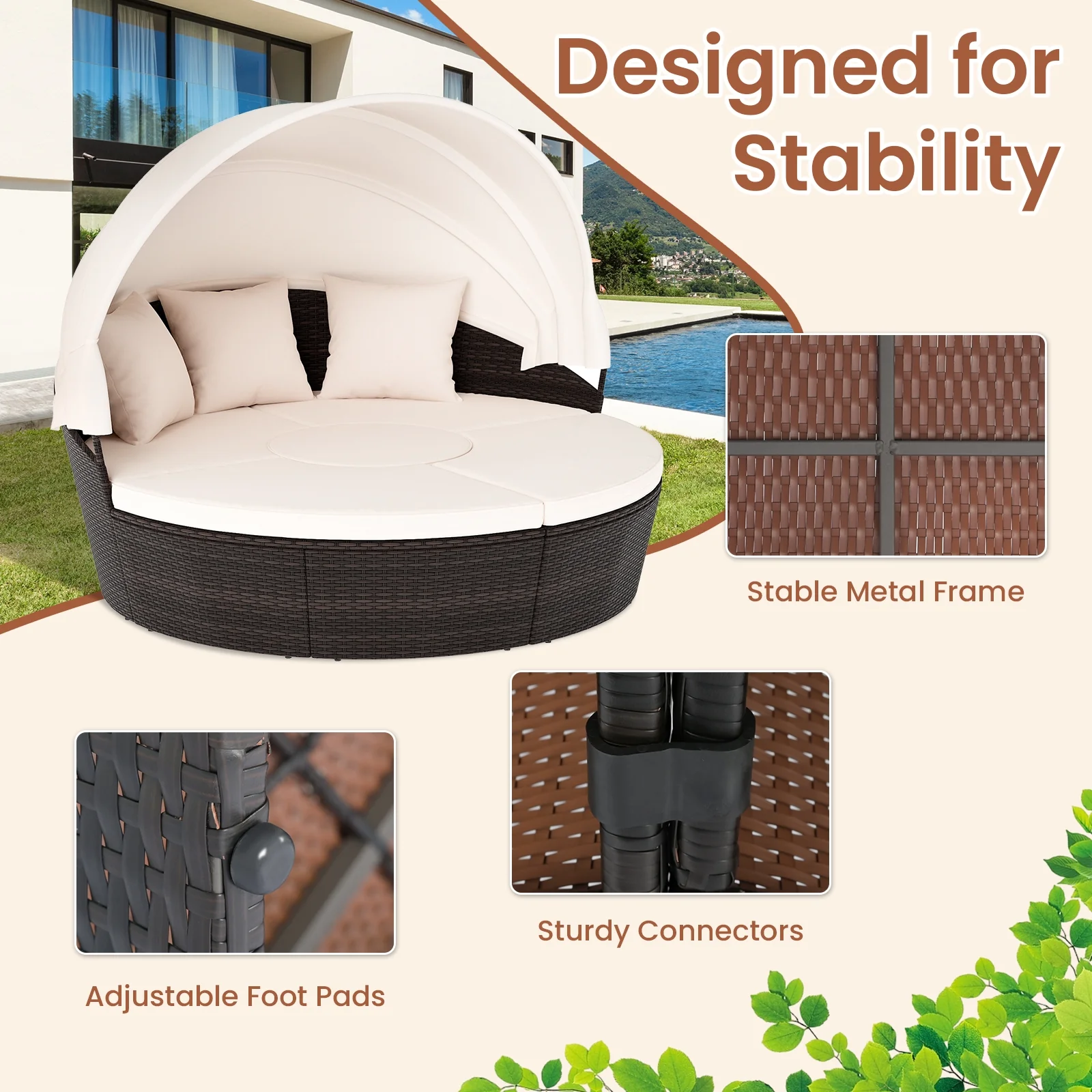 Patio Round Daybed With Retractable Canopy, White - Image 10