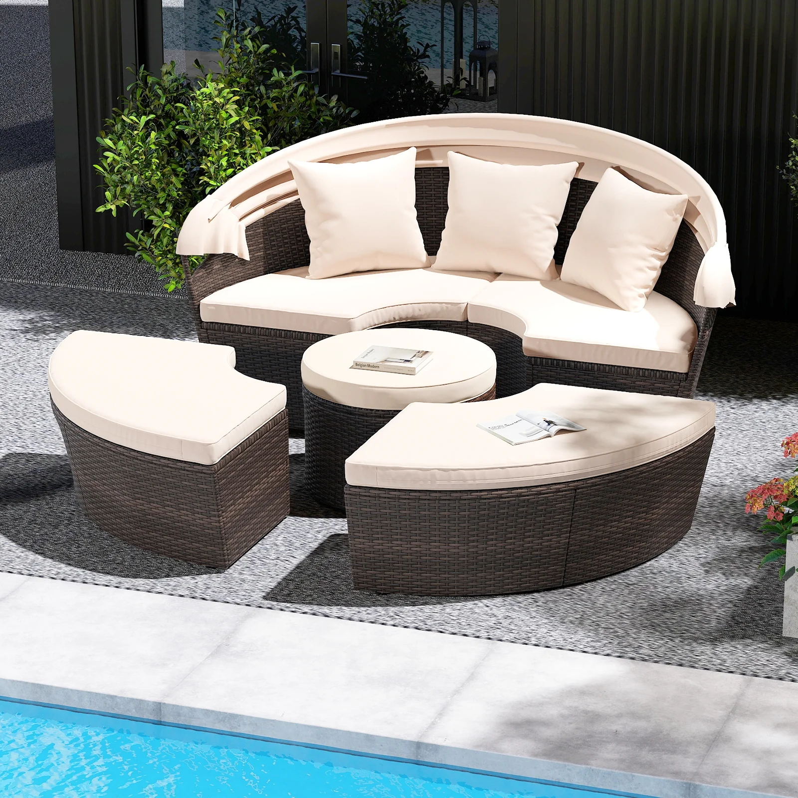 Patio Round Daybed With Retractable Canopy, White - Image 2