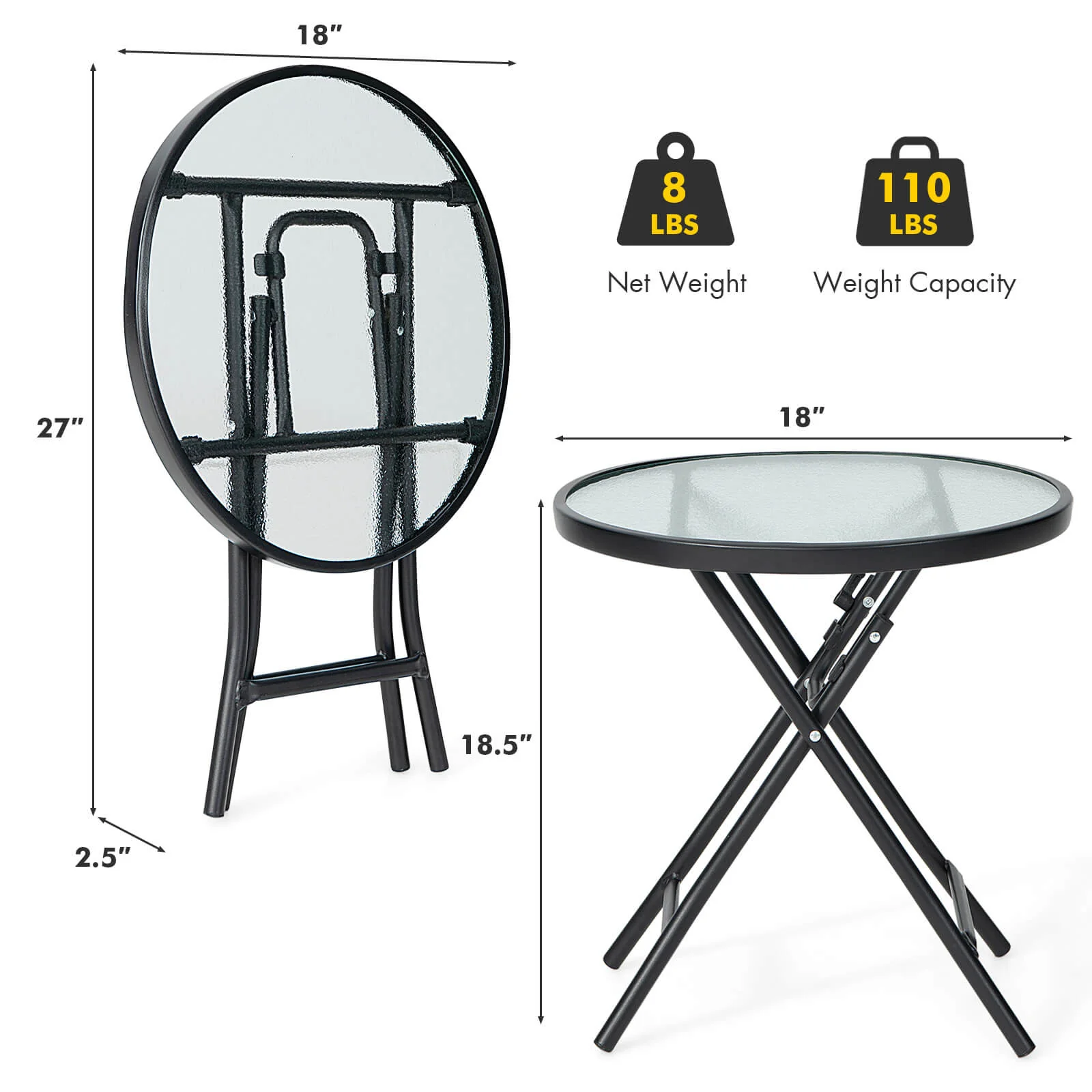 Patio Side Table, Tempered Glass Tabletop, Black - Image 6