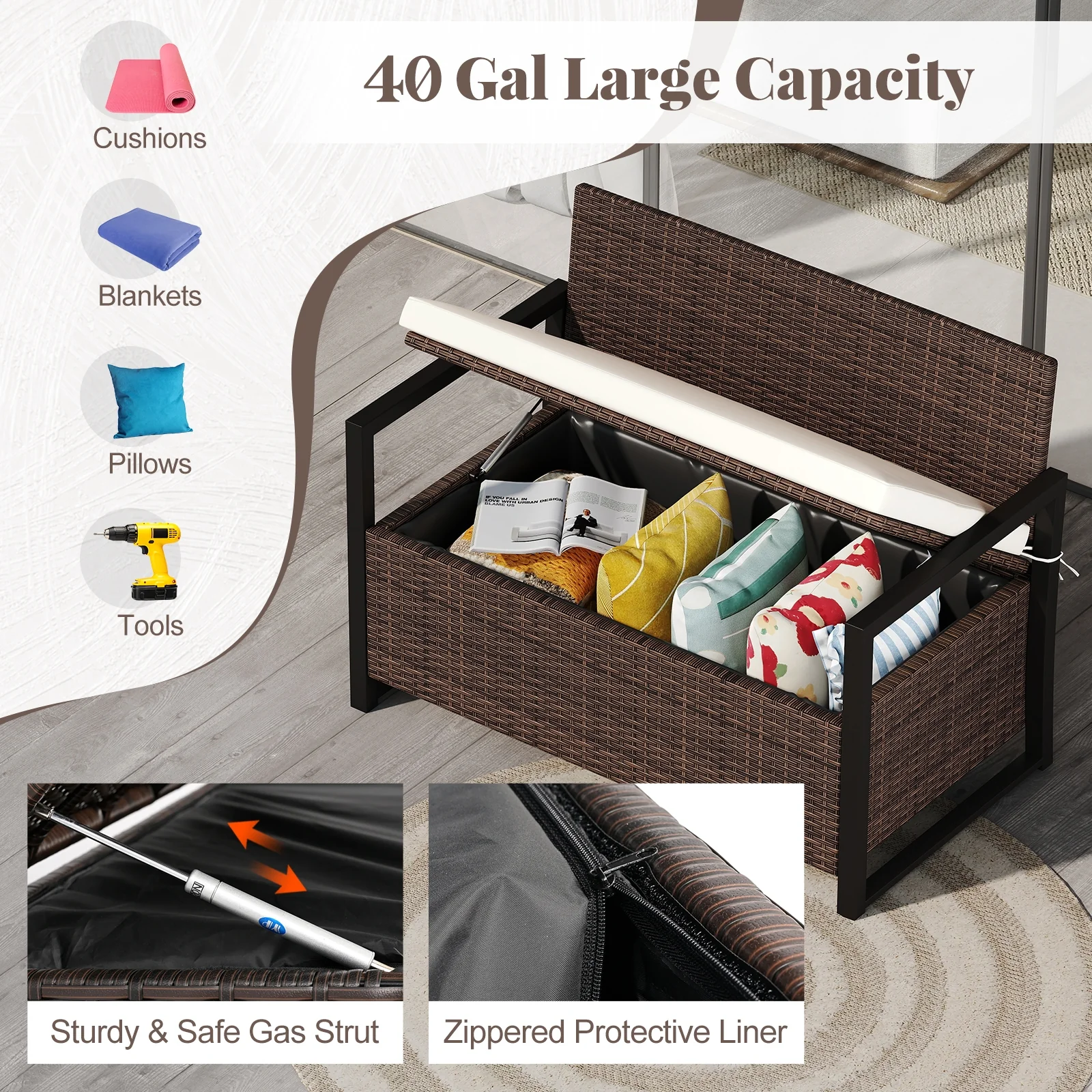 Patio Storage Bench, Mix And Off White, Brown - Image 9