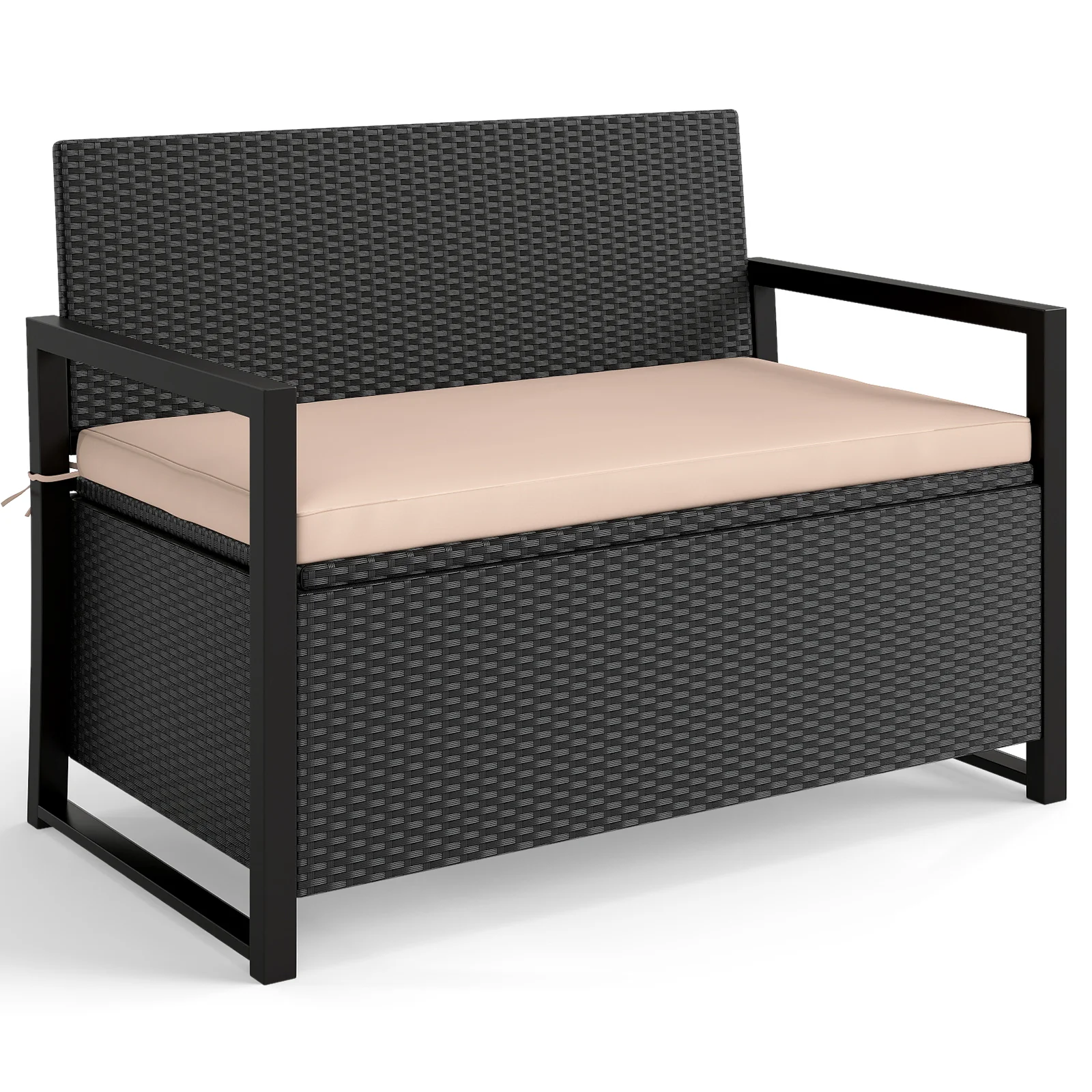 Patio Storage Bench Outdoor Wicker Loveseat with Built-in Storage, Brown