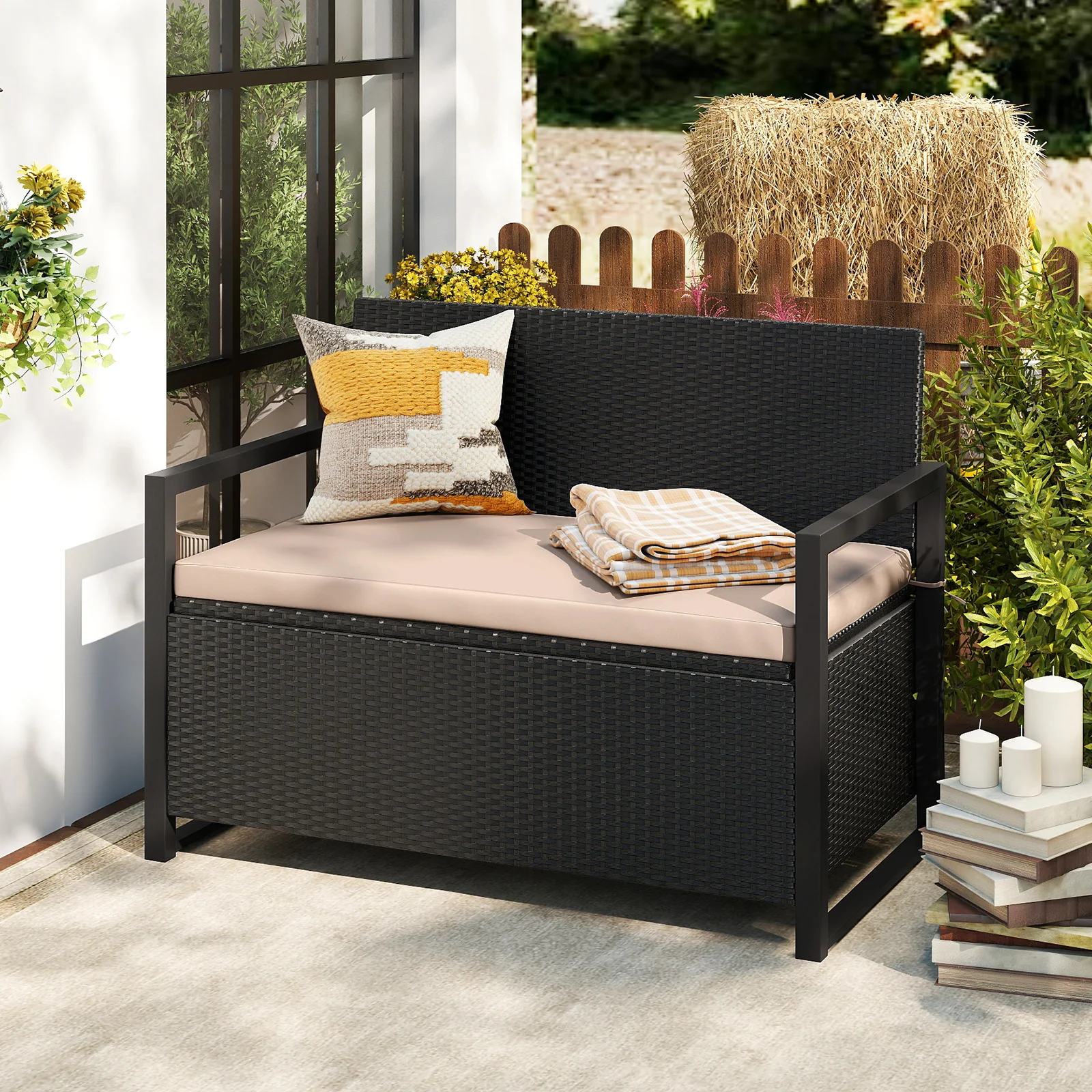 Patio Storage Bench Outdoor Wicker Loveseat with Built-in Storage, Brown - Image 2