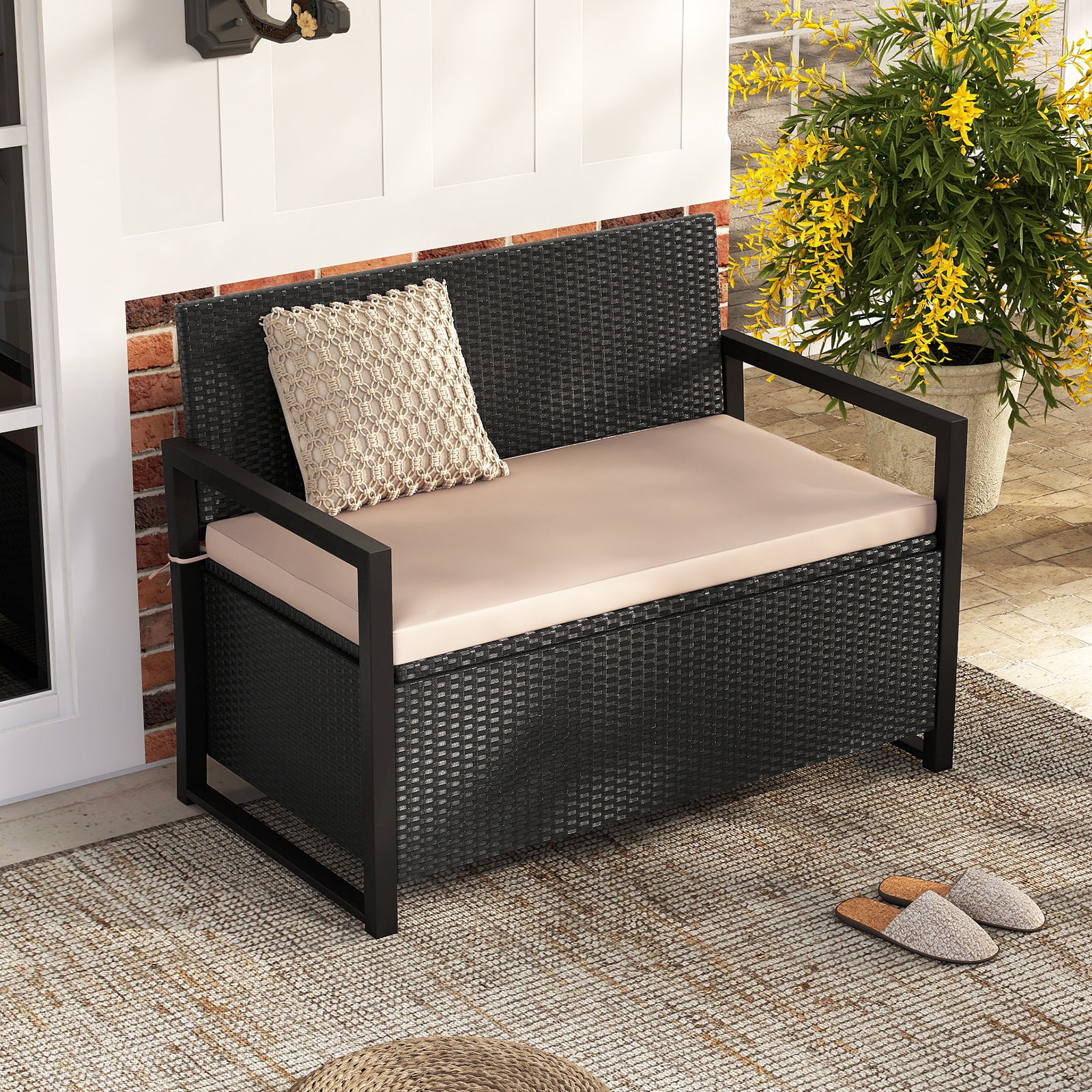 Patio Storage Bench Outdoor Wicker Loveseat with Built-in Storage, Brown - Image 3