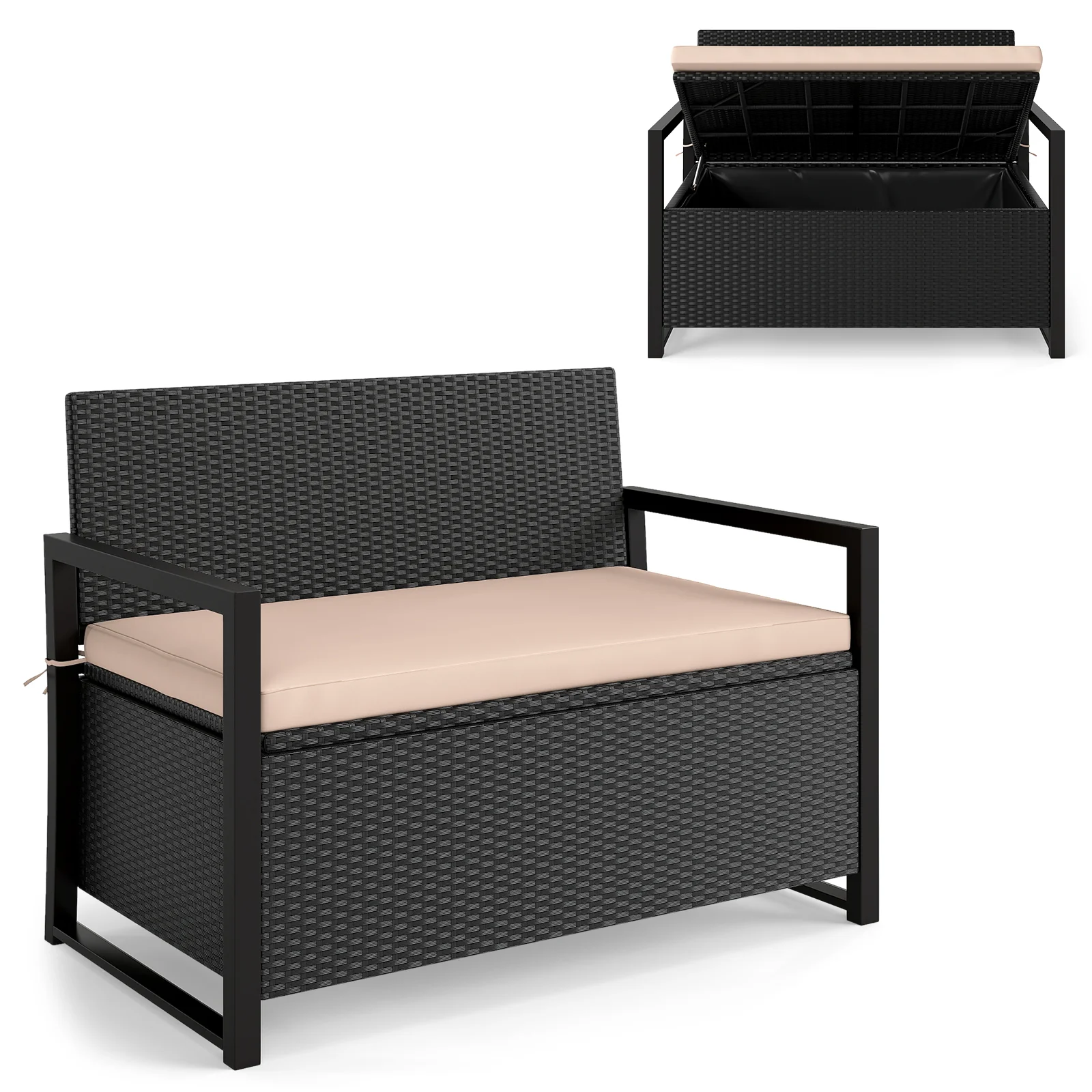 Patio Storage Bench Outdoor Wicker Loveseat with Built-in Storage, Brown - Image 5