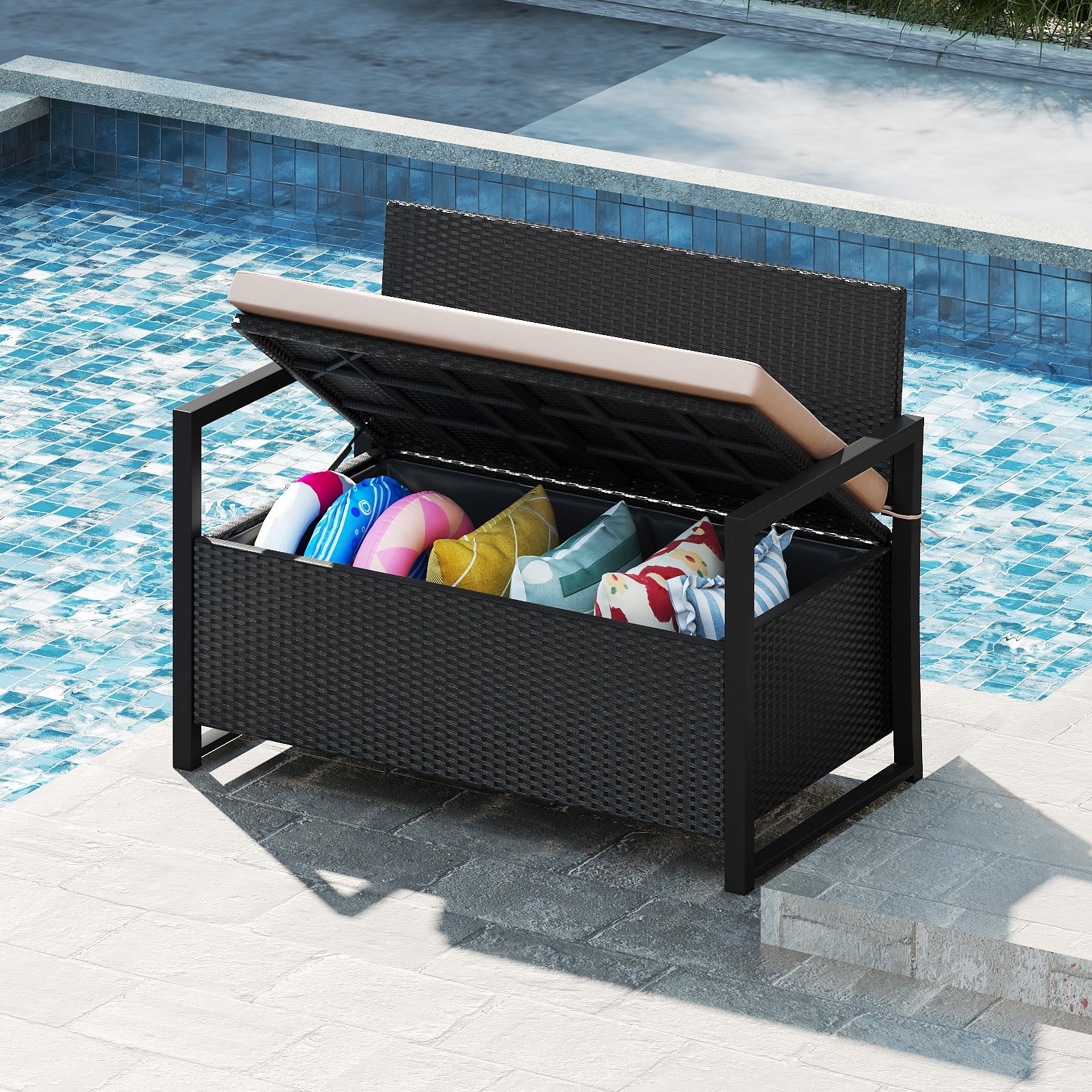 Patio Storage Bench Outdoor Wicker Loveseat with Built-in Storage, Brown - Image 7
