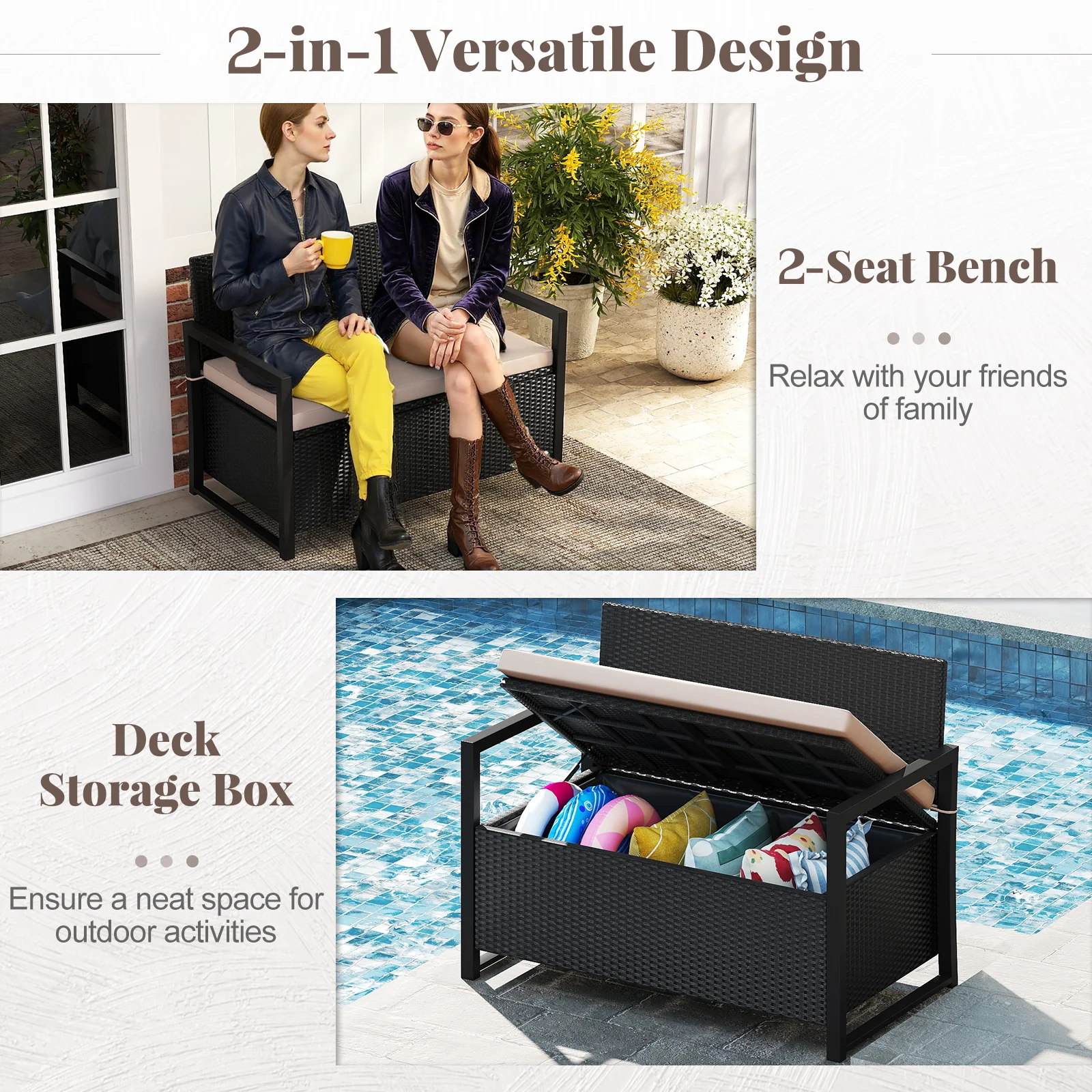 Patio Storage Bench Outdoor Wicker Loveseat with Built-in Storage, Brown - Image 8