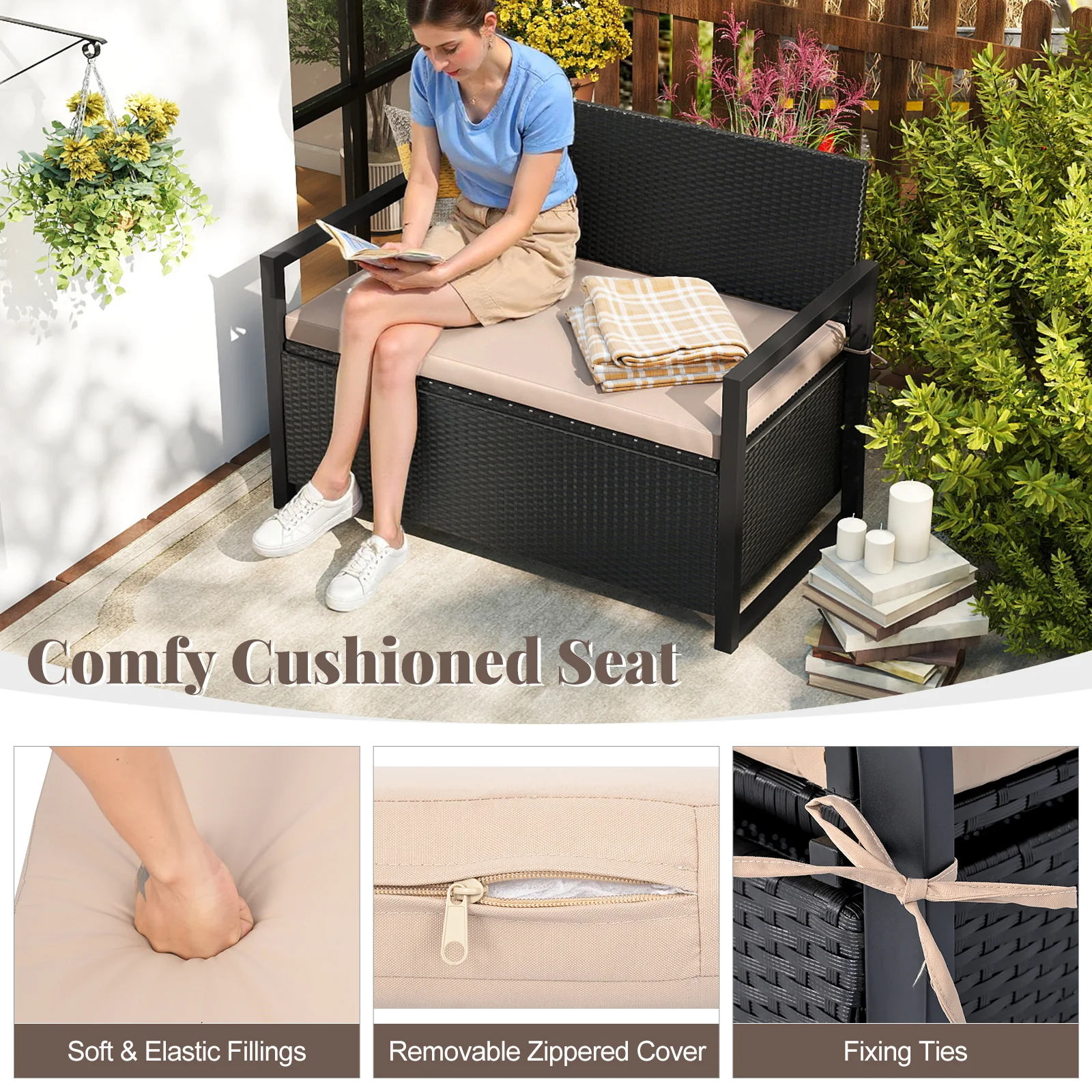 Patio Storage Bench Outdoor Wicker Loveseat with Built-in Storage, Brown - Image 9