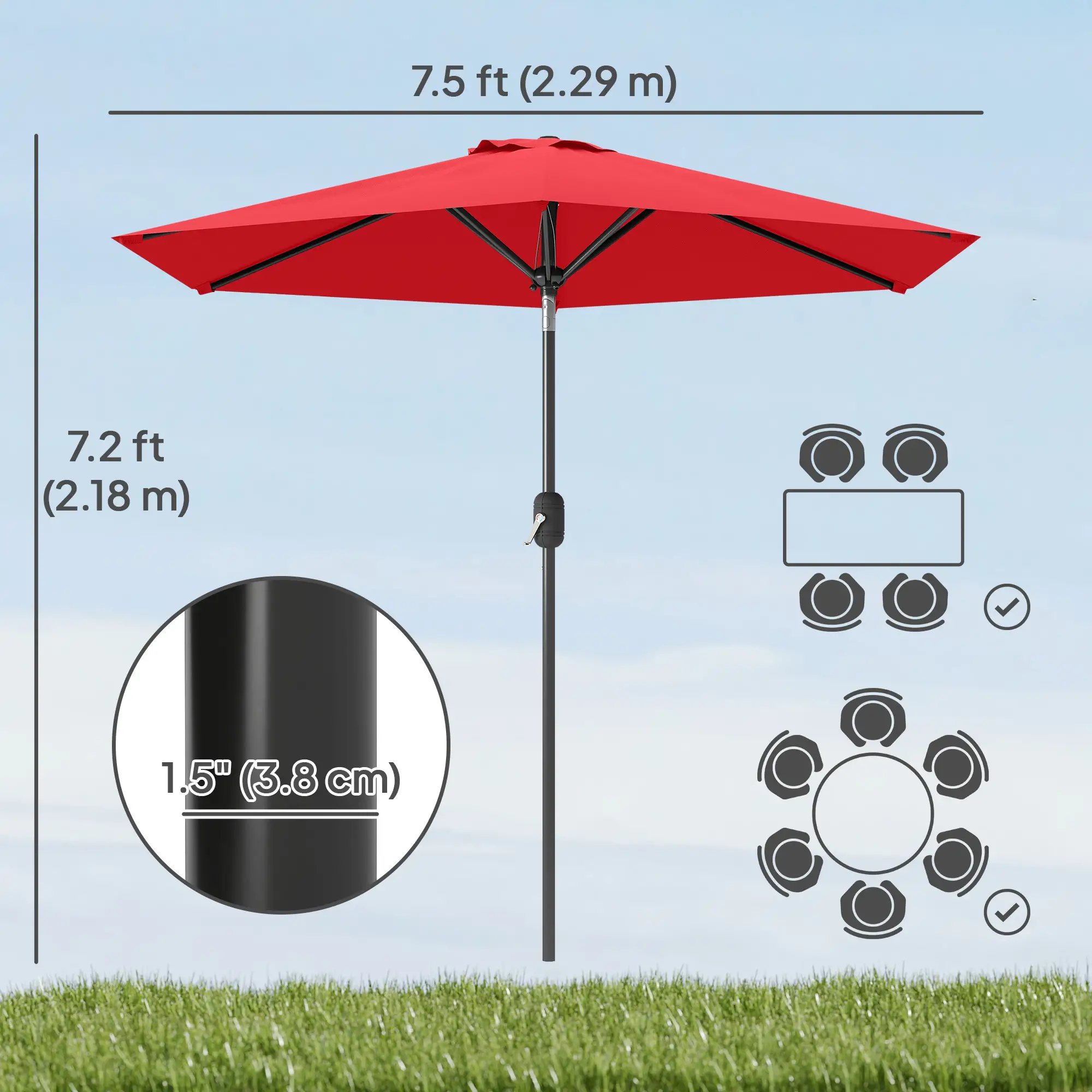 Patio Sun Umbrella, 6 Ribs, Wine Red - Image 3