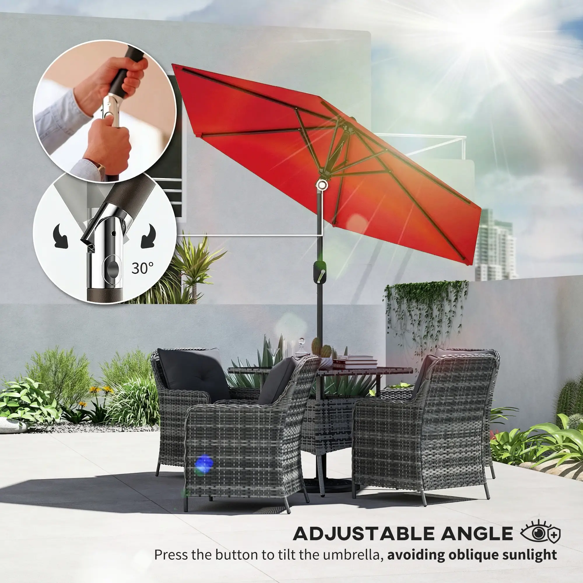 Patio Sun Umbrella, 6 Ribs, Wine Red - Image 5