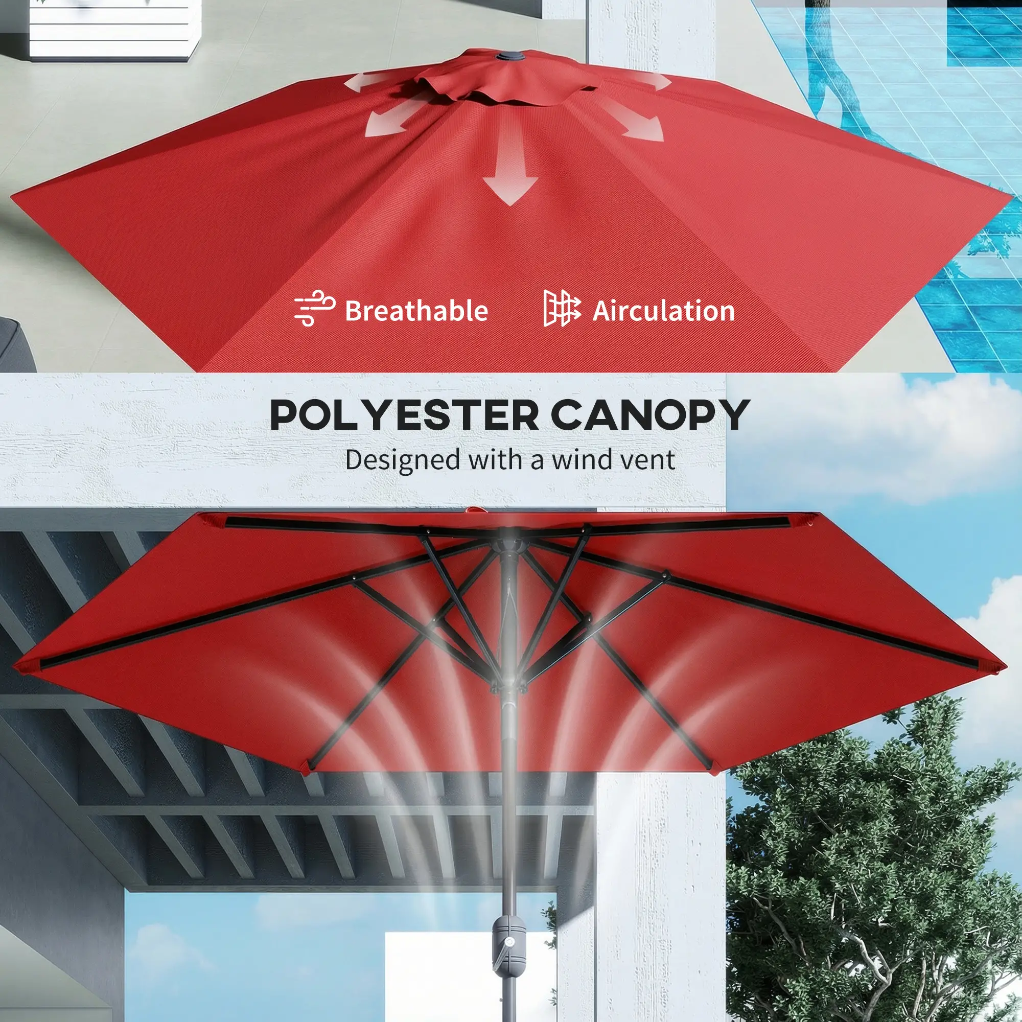 Patio Sun Umbrella, 6 Ribs, Wine Red - Image 6