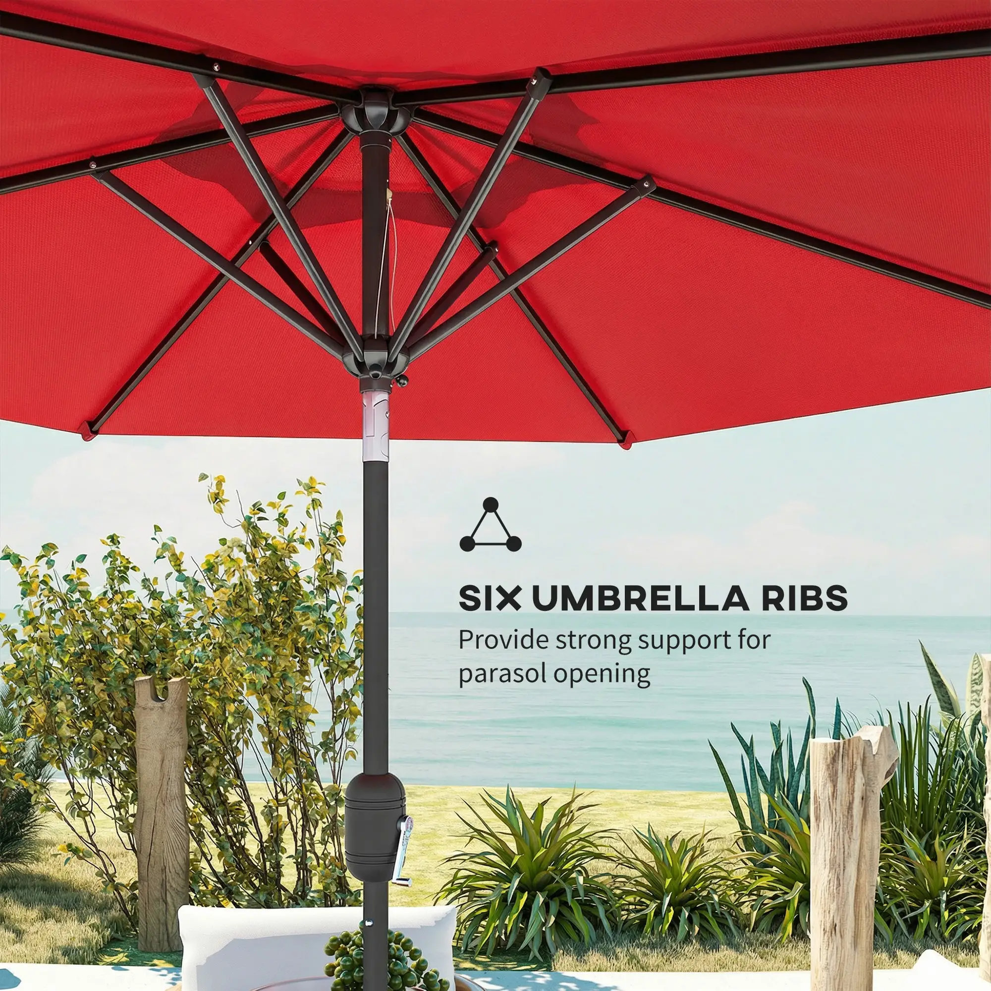 Patio Sun Umbrella, 6 Ribs, Wine Red - Image 9