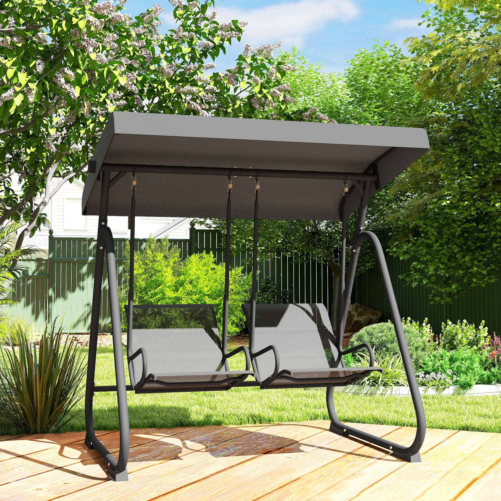 Patio Swing Chair w/Adjustable Canopy Outdoor Porch Swing Glider w/Dual Independent Seats 2-Seat Grey - Image 10