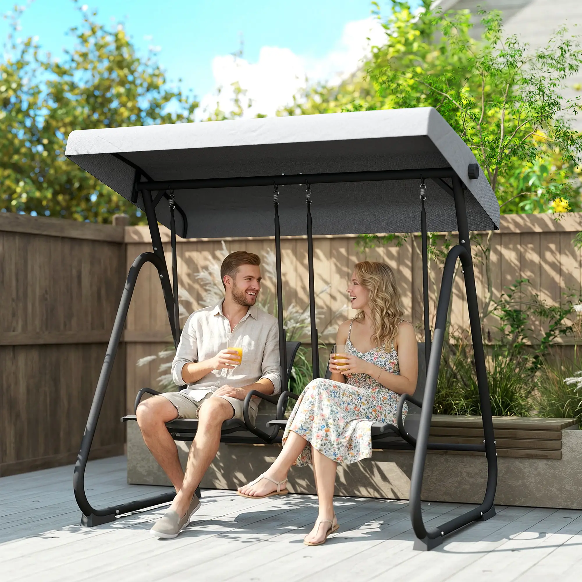 Patio Swing Chair w/Adjustable Canopy Outdoor Porch Swing Glider w/Dual Independent Seats 2-Seat Grey - Image 2