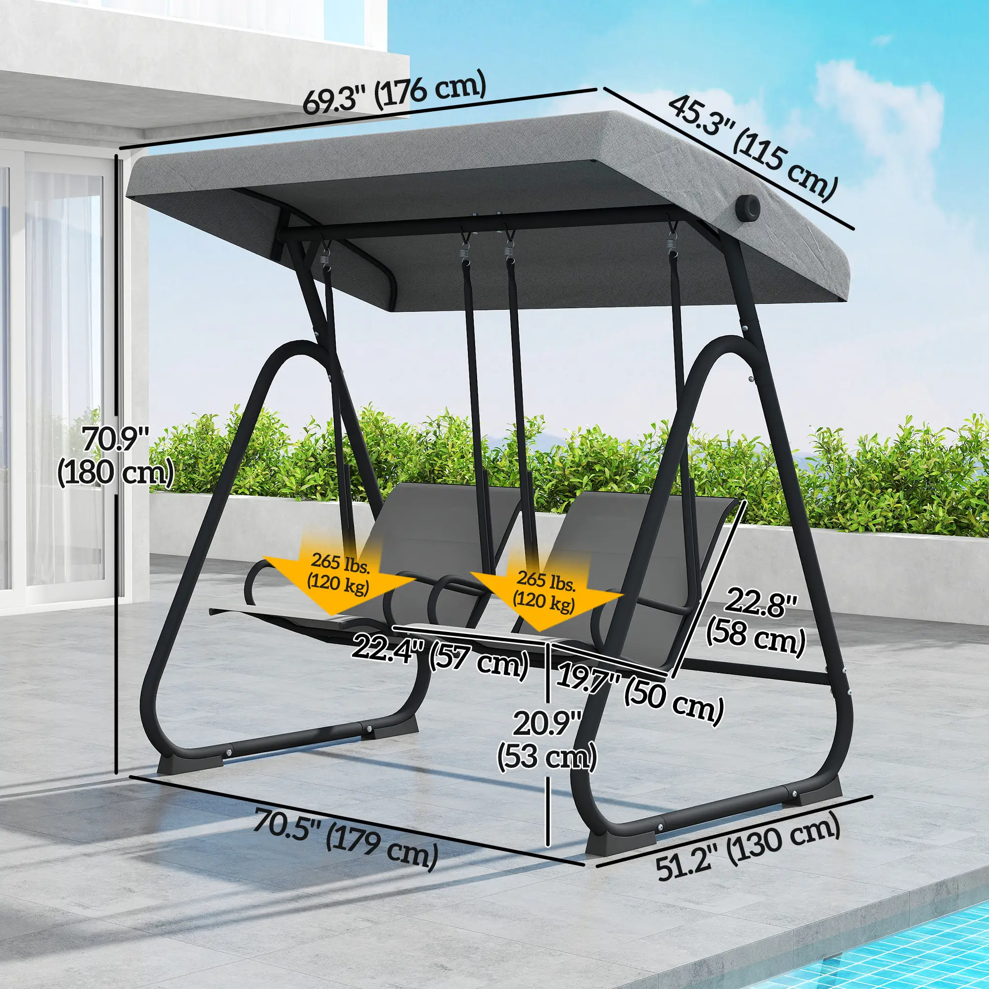 Patio Swing Chair w/Adjustable Canopy Outdoor Porch Swing Glider w/Dual Independent Seats 2-Seat Grey - Image 3