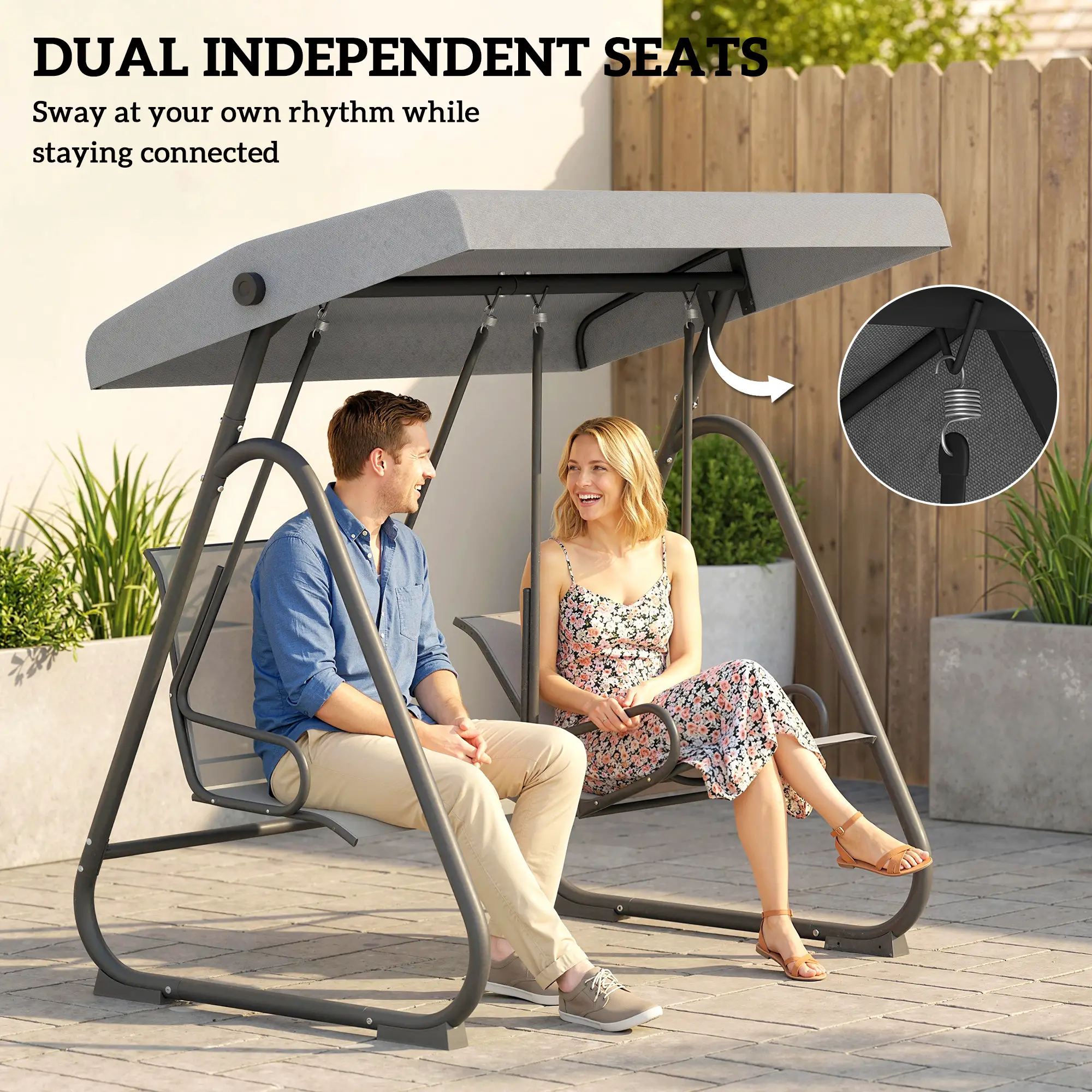 Patio Swing Chair w/Adjustable Canopy Outdoor Porch Swing Glider w/Dual Independent Seats 2-Seat Grey - Image 4