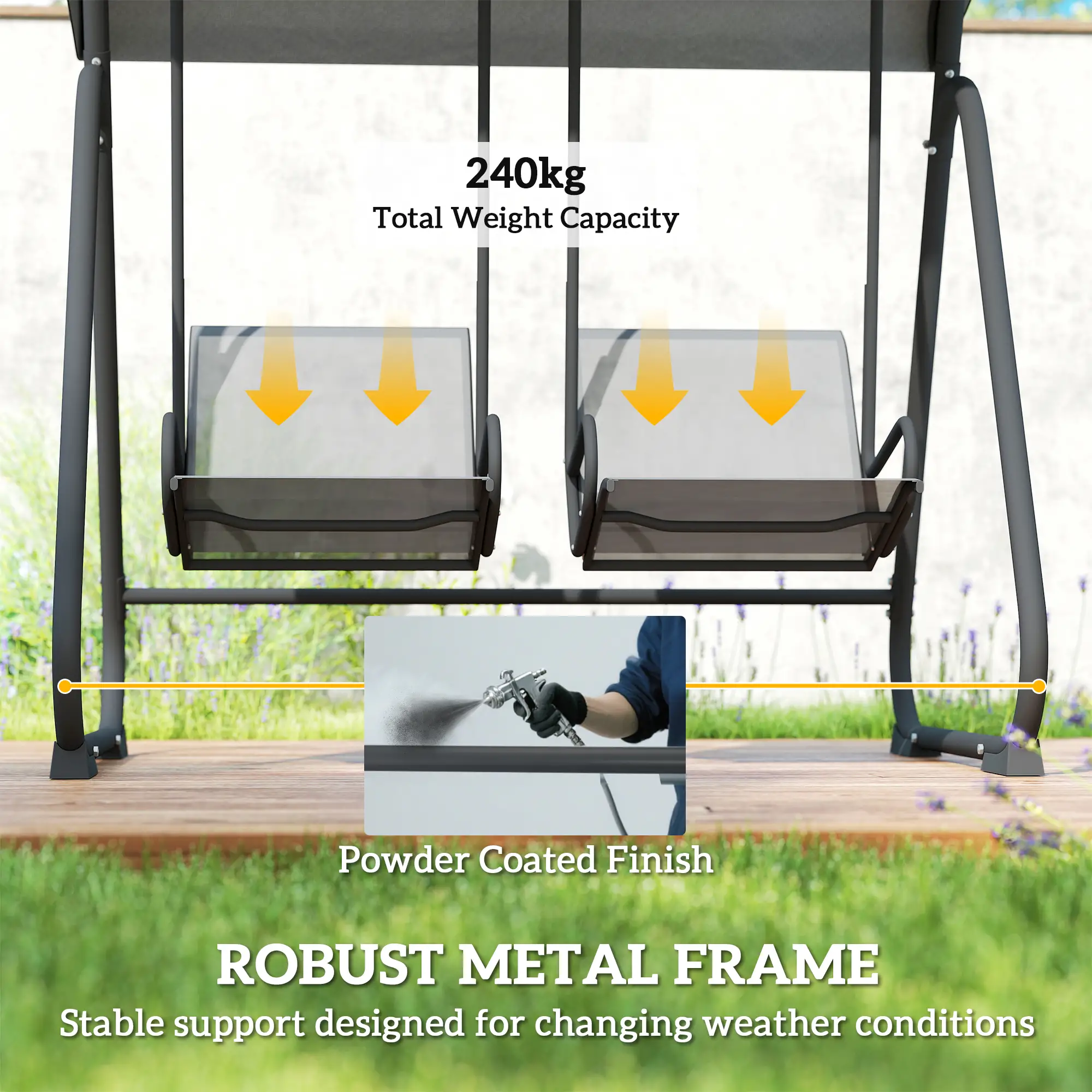 Patio Swing Chair w/Adjustable Canopy Outdoor Porch Swing Glider w/Dual Independent Seats 2-Seat Grey - Image 7