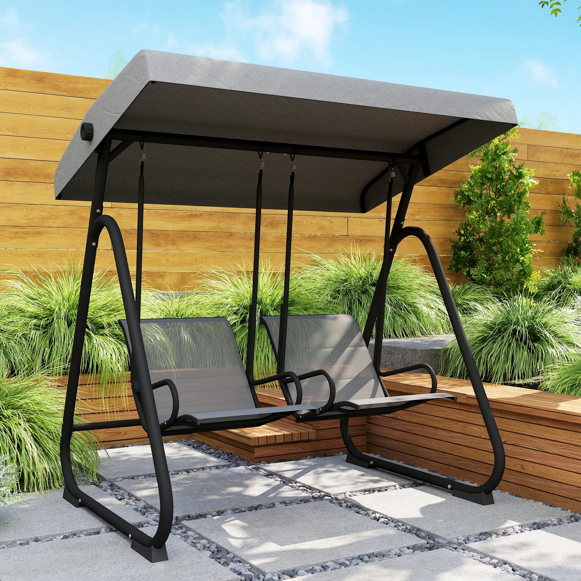 Patio Swing Chair w/Adjustable Canopy Outdoor Porch Swing Glider w/Dual Independent Seats 2-Seat Grey - Image 8