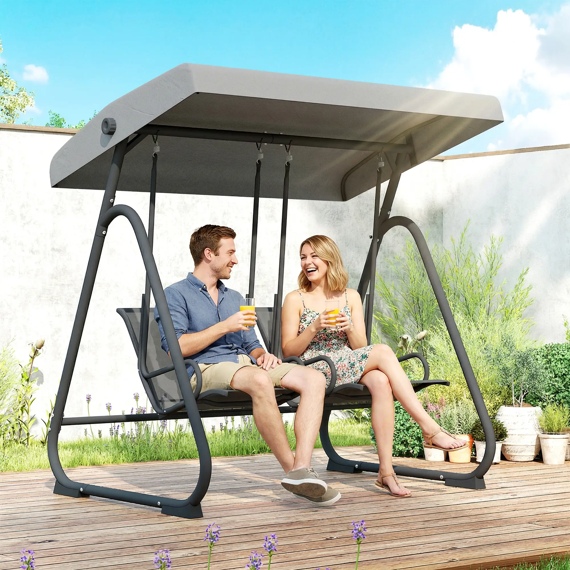 Patio Swing Chair w/Adjustable Canopy Outdoor Porch Swing Glider w/Dual Independent Seats 2-Seat Grey - Image 9