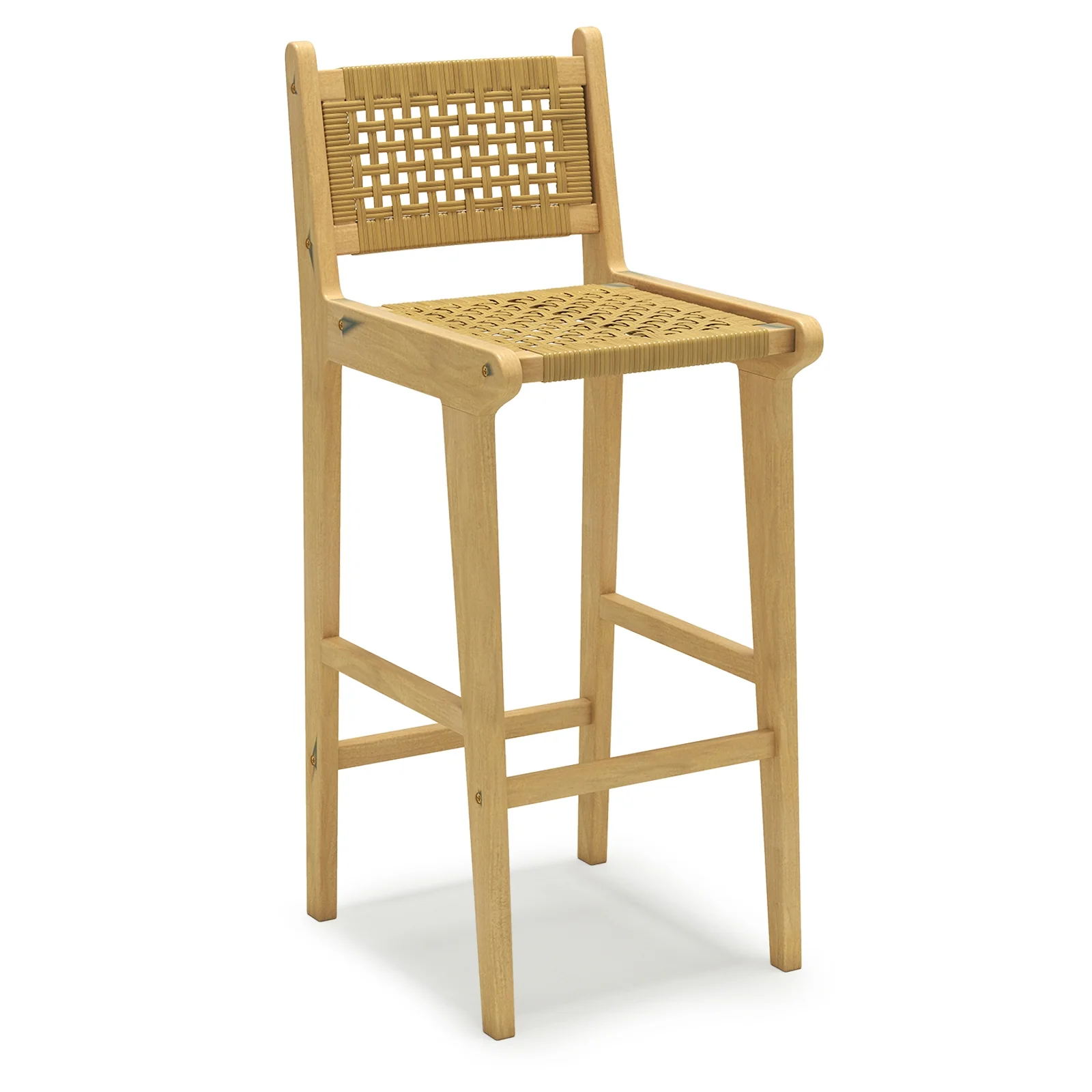 Patio Teak Wood Bar Stool, Rattan Backrest And Seat, Natural