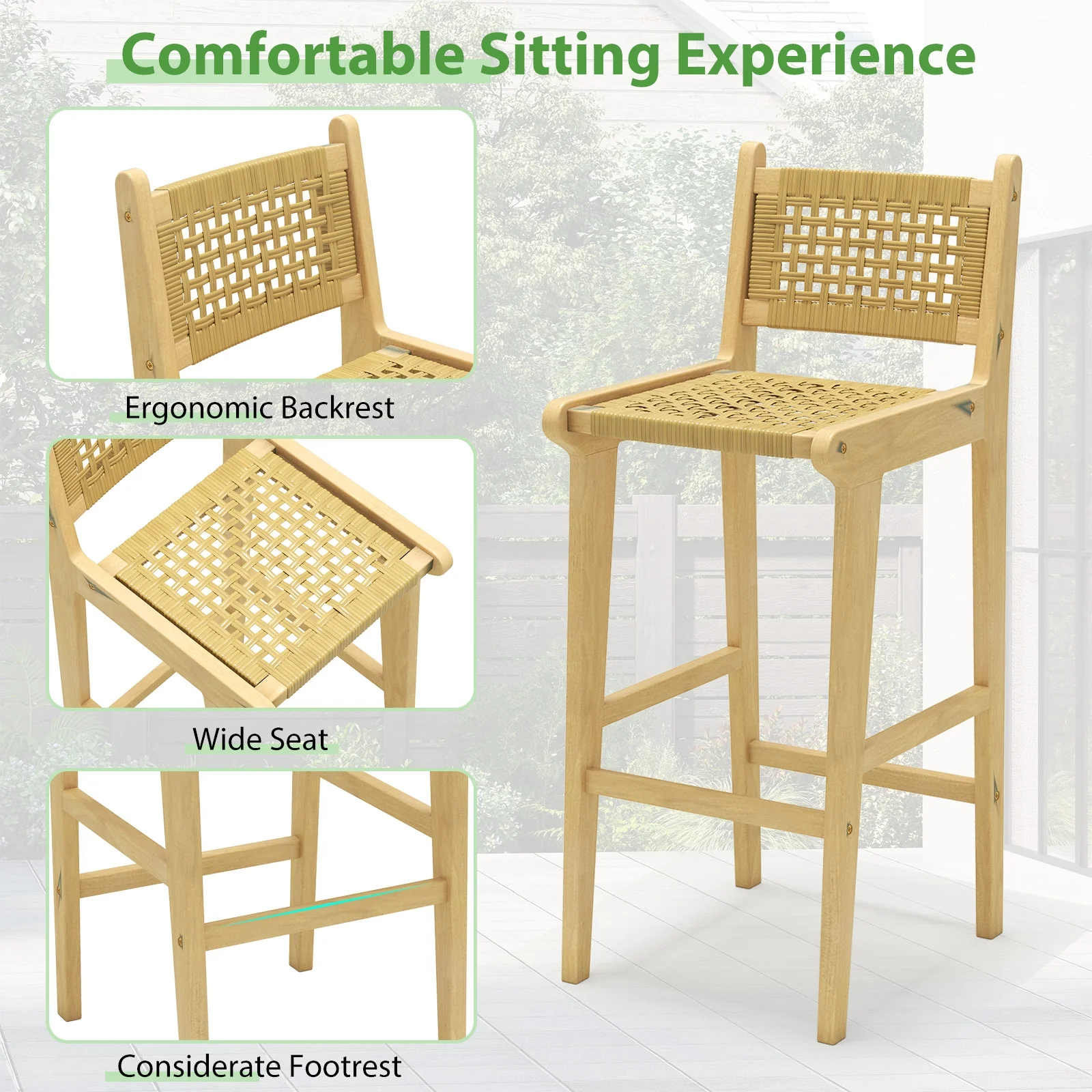 Patio Teak Wood Bar Stool, Rattan Backrest And Seat, Natural - Image 10