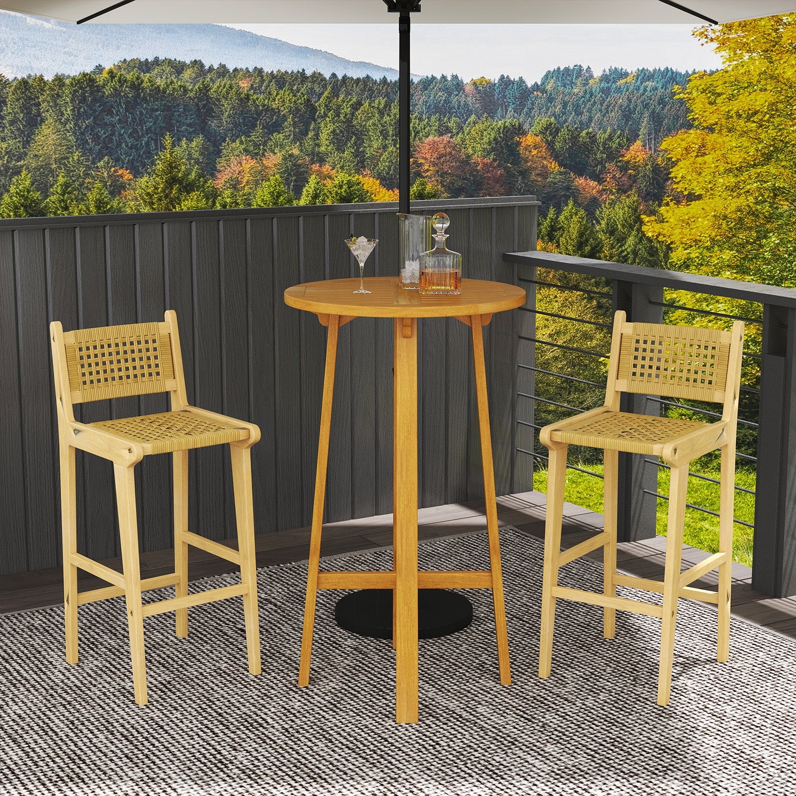 Patio Teak Wood Bar Stool, Rattan Backrest And Seat, Natural - Image 2