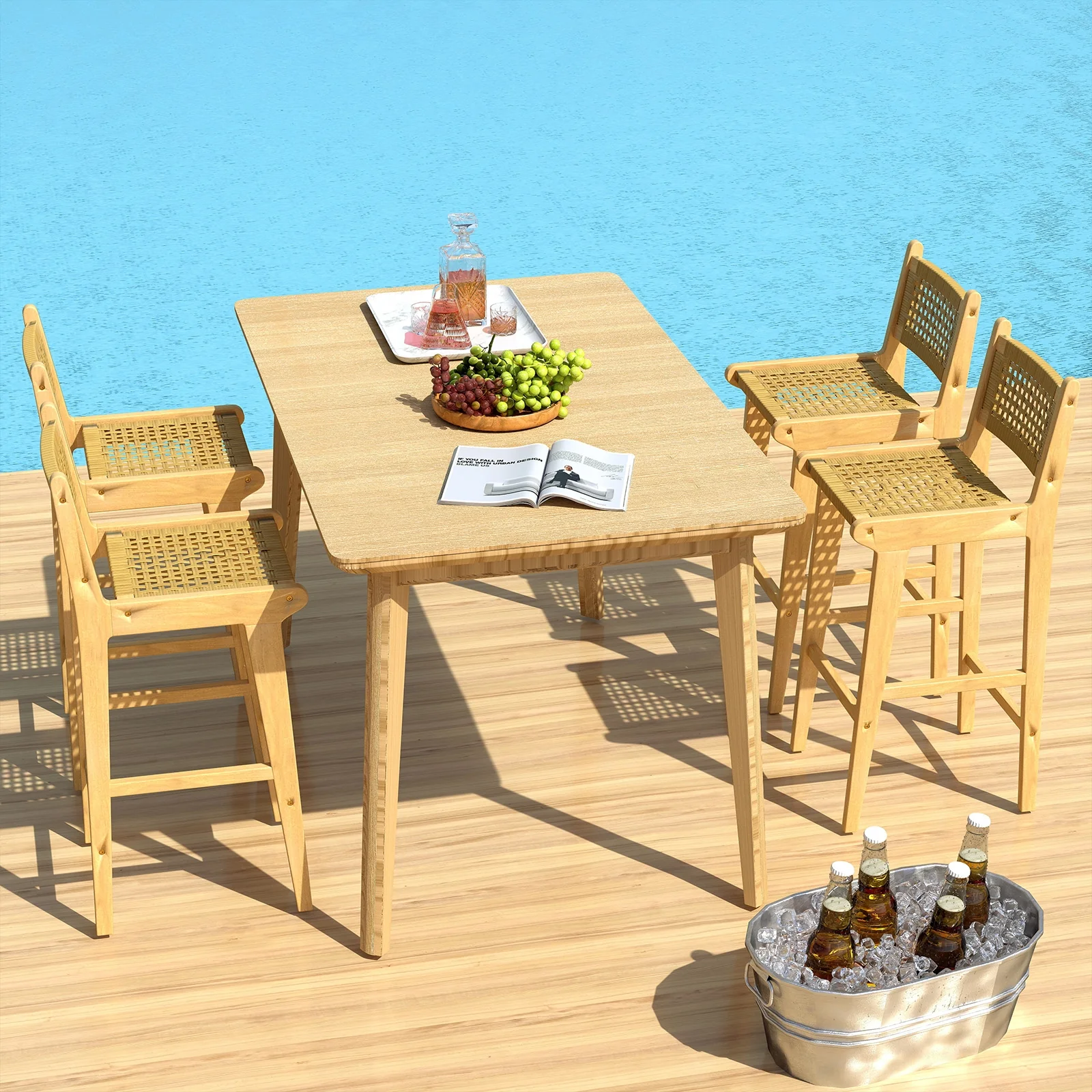 Patio Teak Wood Bar Stool, Rattan Backrest And Seat, Natural - Image 6