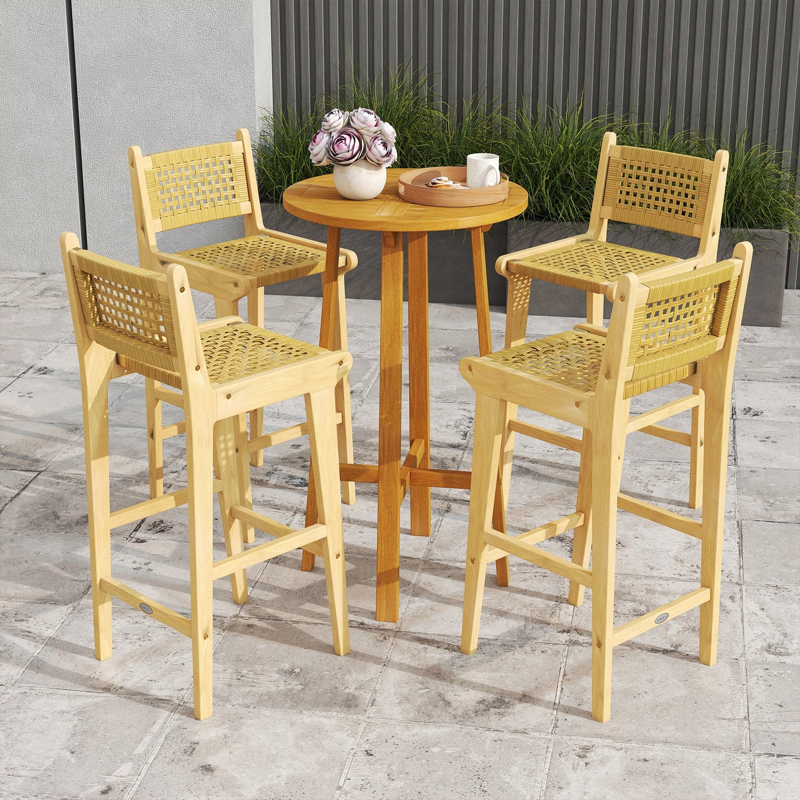 Patio Teak Wood Bar Stool, Rattan Backrest And Seat, Natural - Image 7