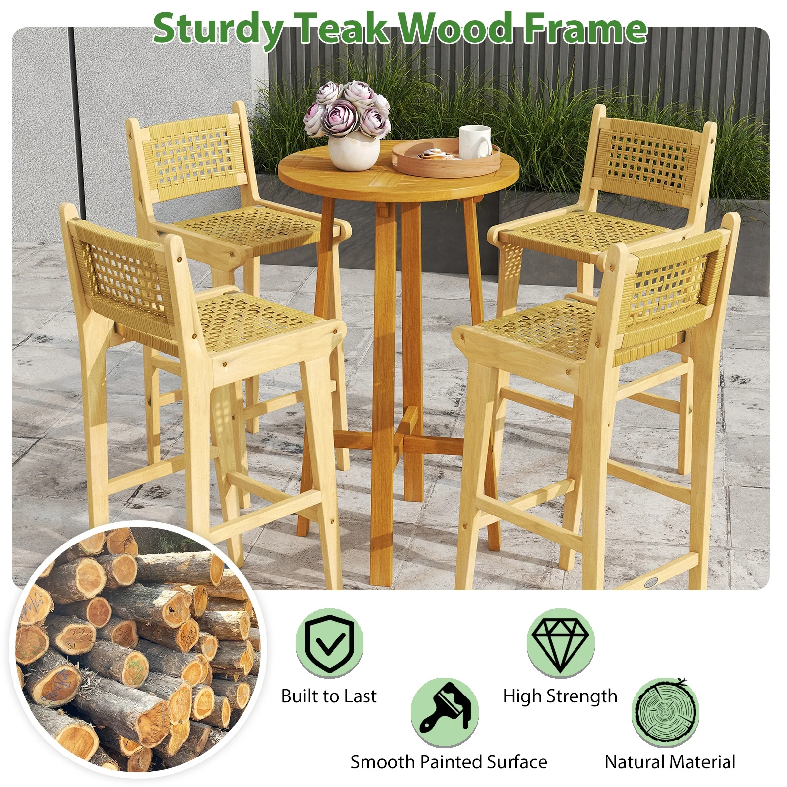 Patio Teak Wood Bar Stool, Rattan Backrest And Seat, Natural - Image 9