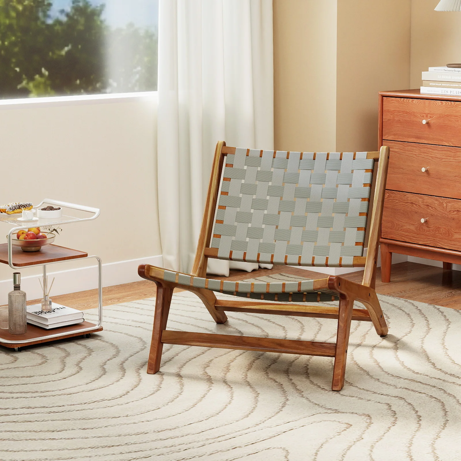 Patio Teak Wood Chair Outdoor Mid-Century Accent Chair with Nylon Webbing Seat - Image 2