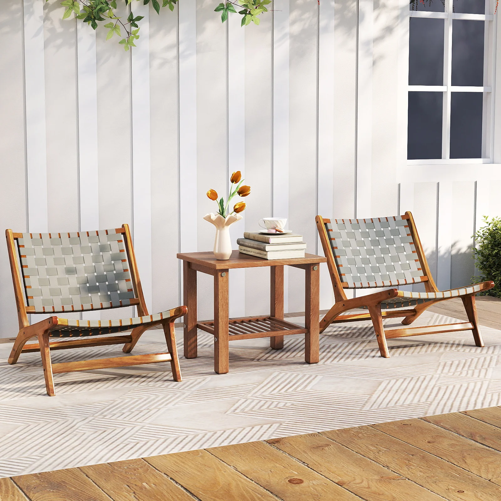 Patio Teak Wood Chair Outdoor Mid-Century Accent Chair with Nylon Webbing Seat - Image 3