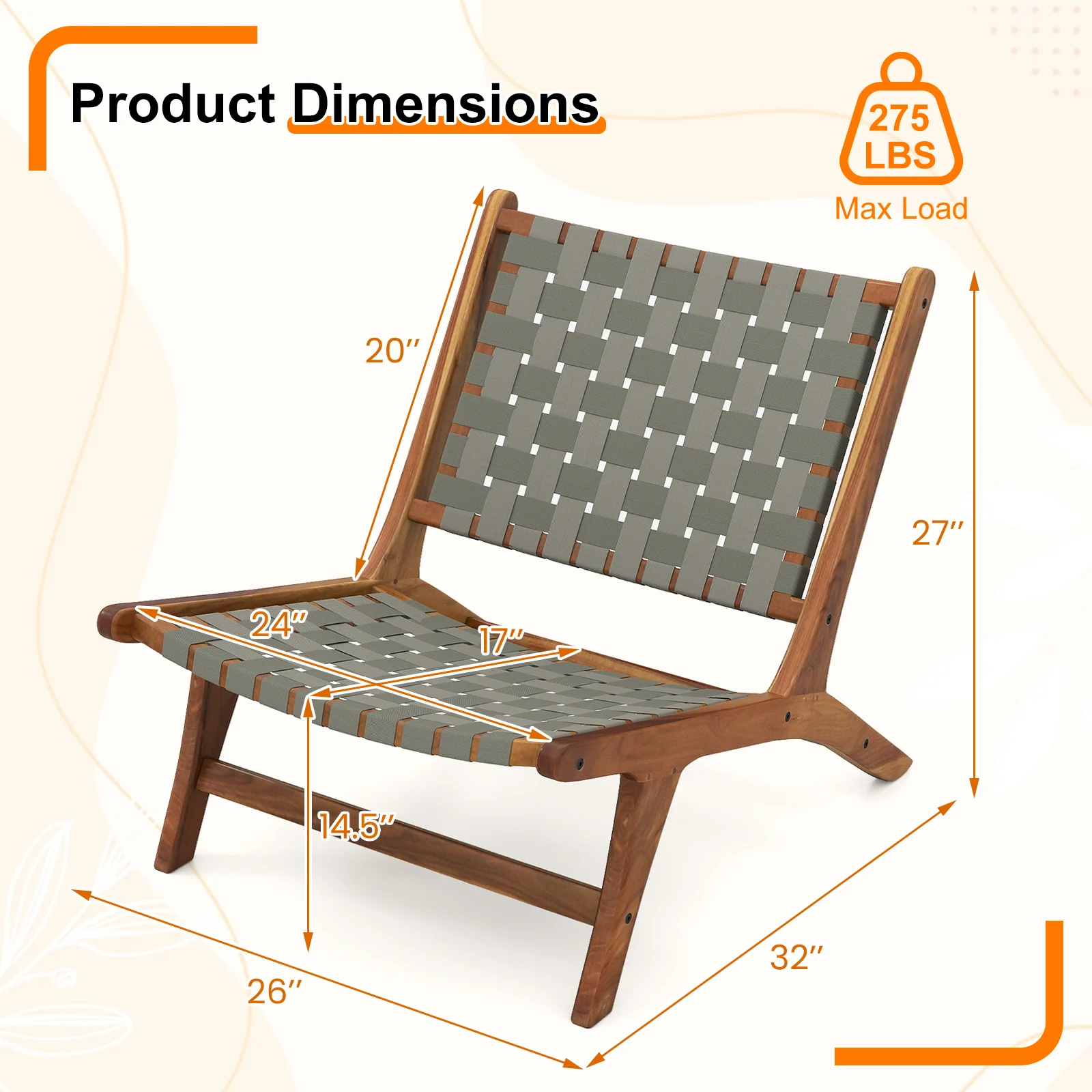 Patio Teak Wood Chair Outdoor Mid-Century Accent Chair with Nylon Webbing Seat - Image 5